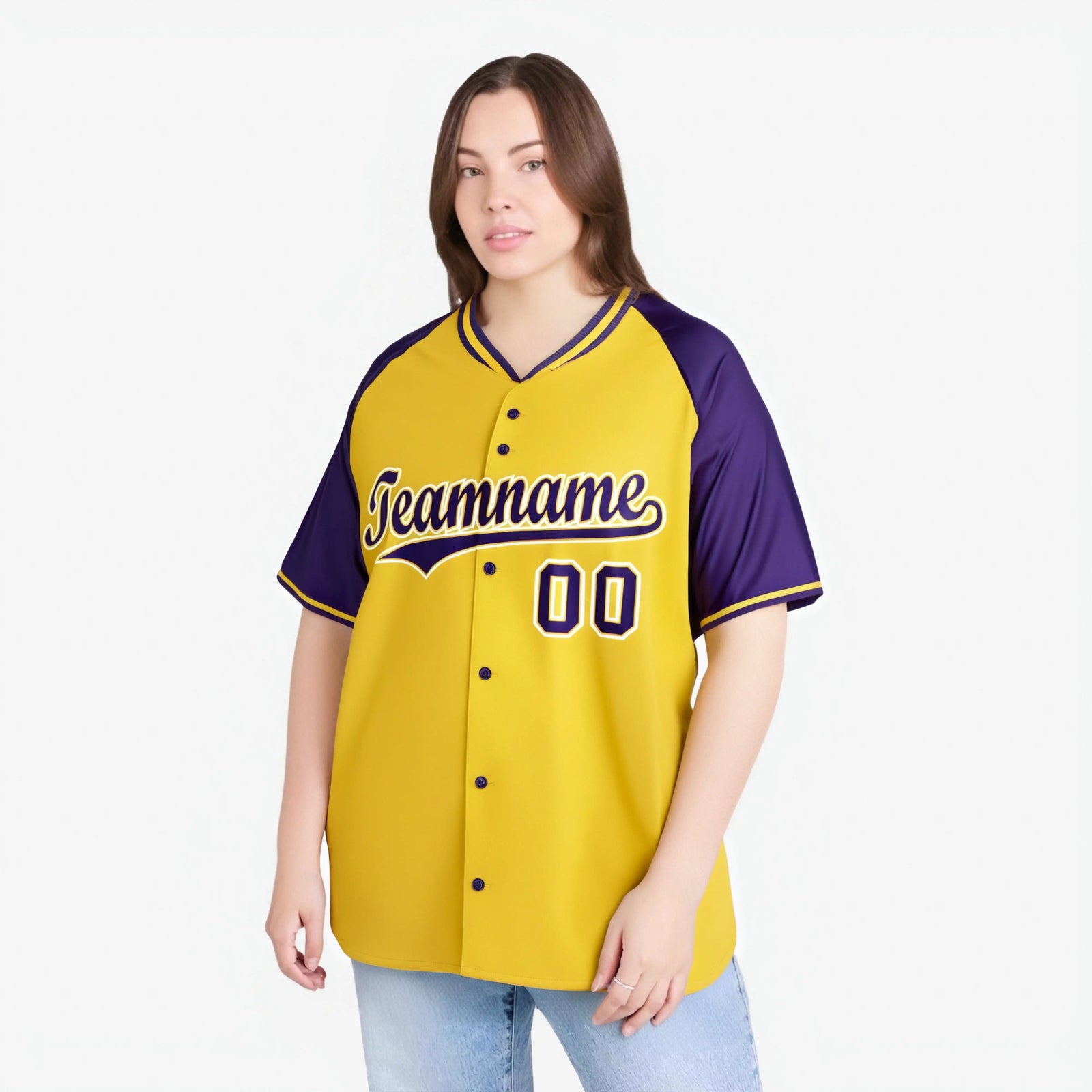 Custom Yellow Purple White Authentic Colored Buttons Baseball Jersey