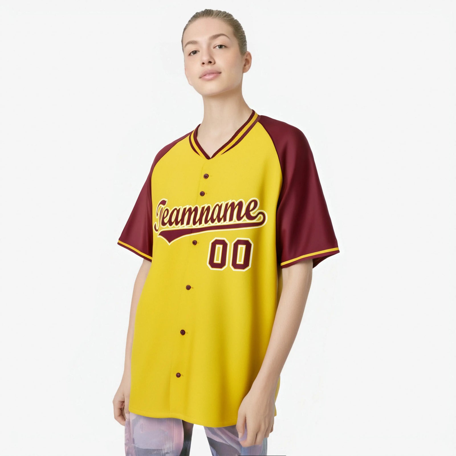Custom Yellow Burgundy White Authentic Colored Buttons Baseball Jersey