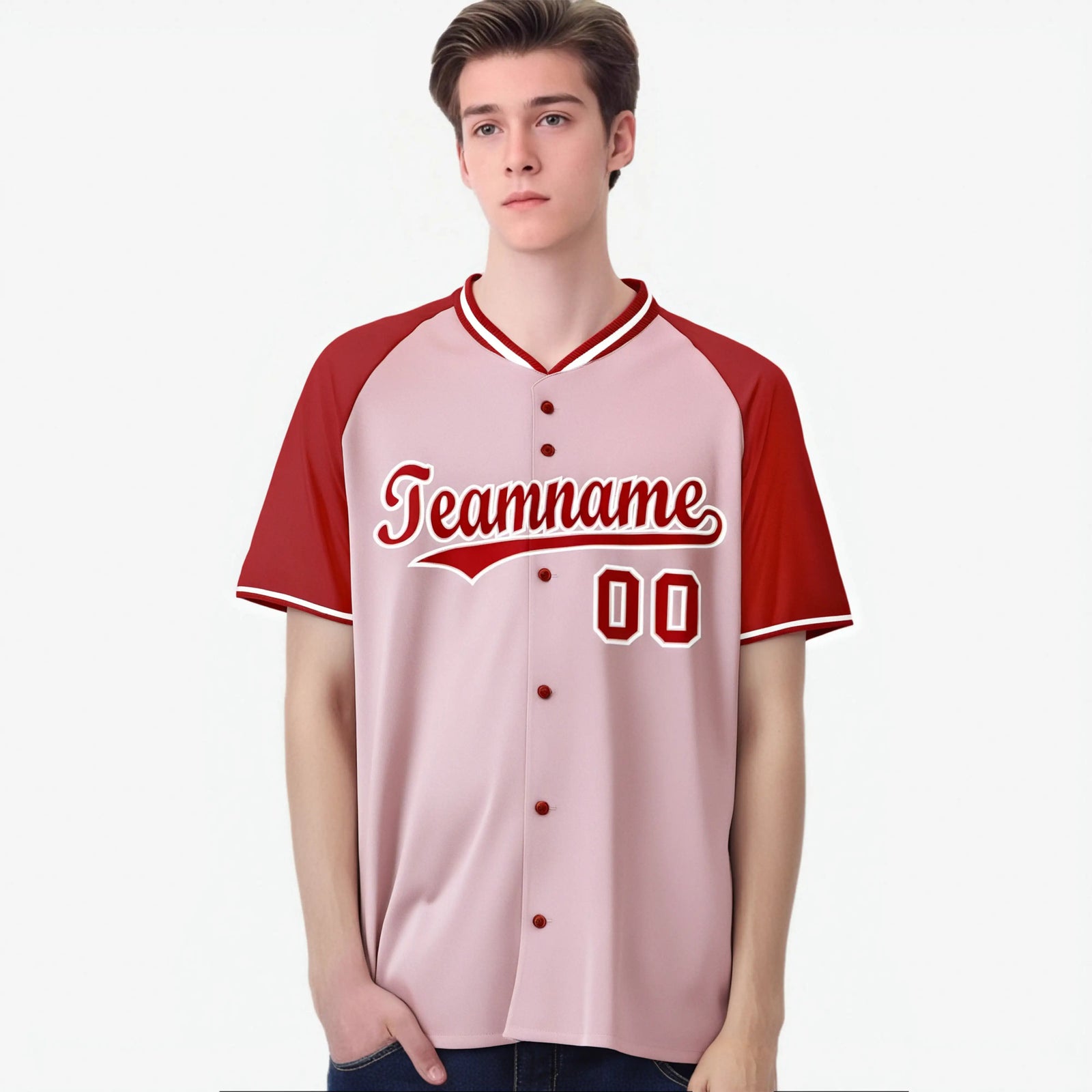 Custom Pink Red White Authentic Colored Buttons Baseball Jersey