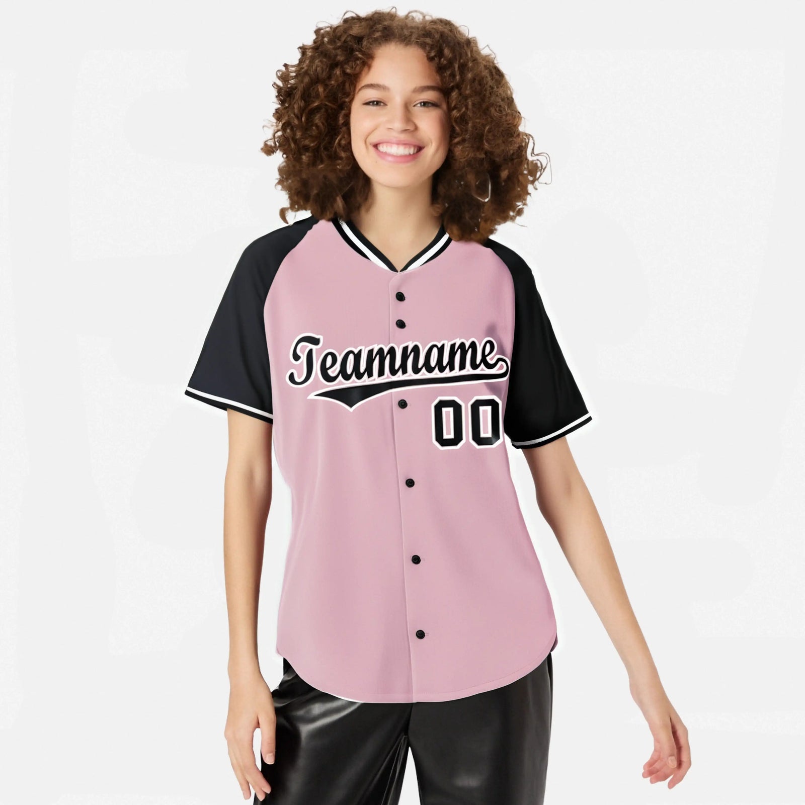 Custom Pink Black White Authentic Colored Buttons Baseball Jersey