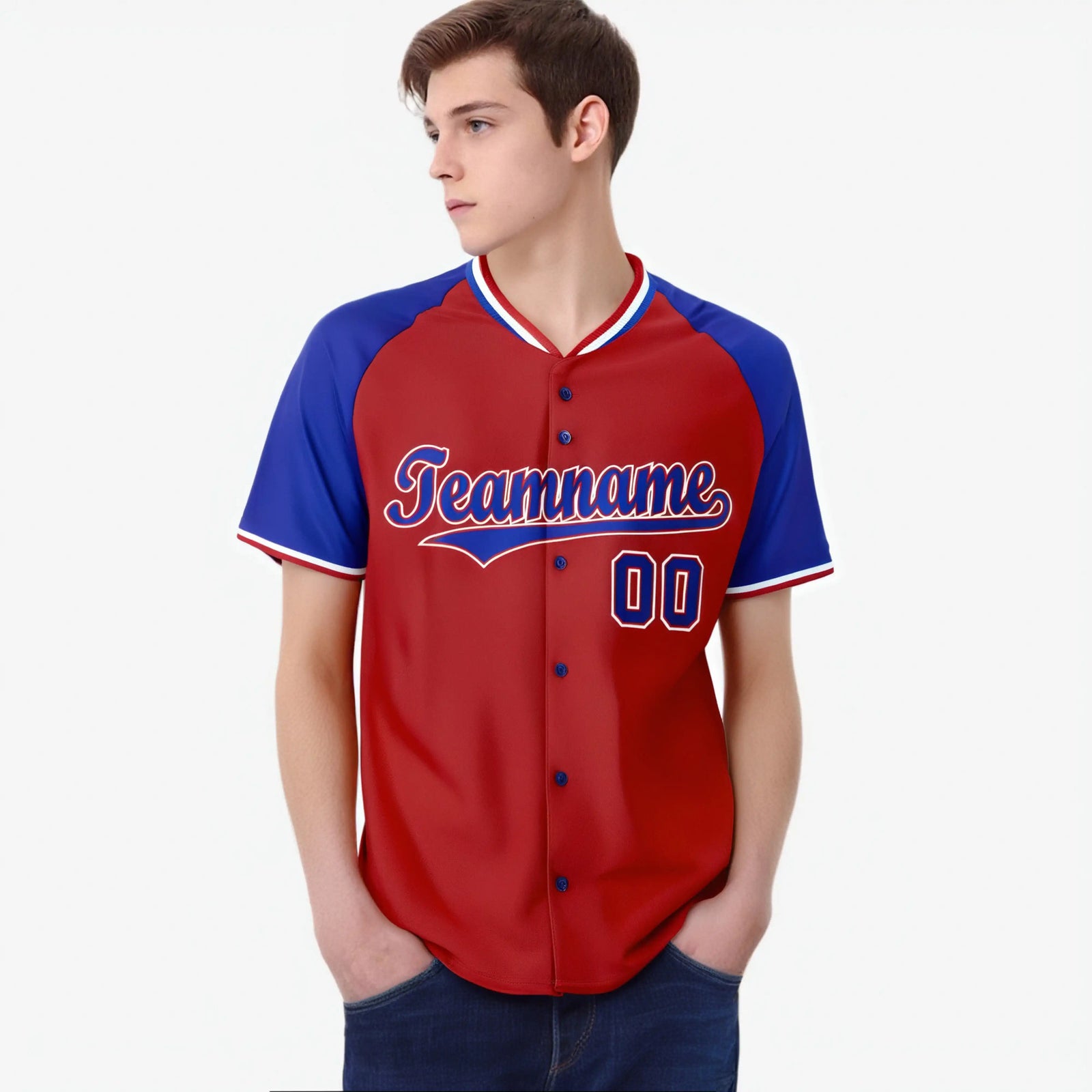 Custom Red Blue White Authentic Colored Buttons Baseball Jersey