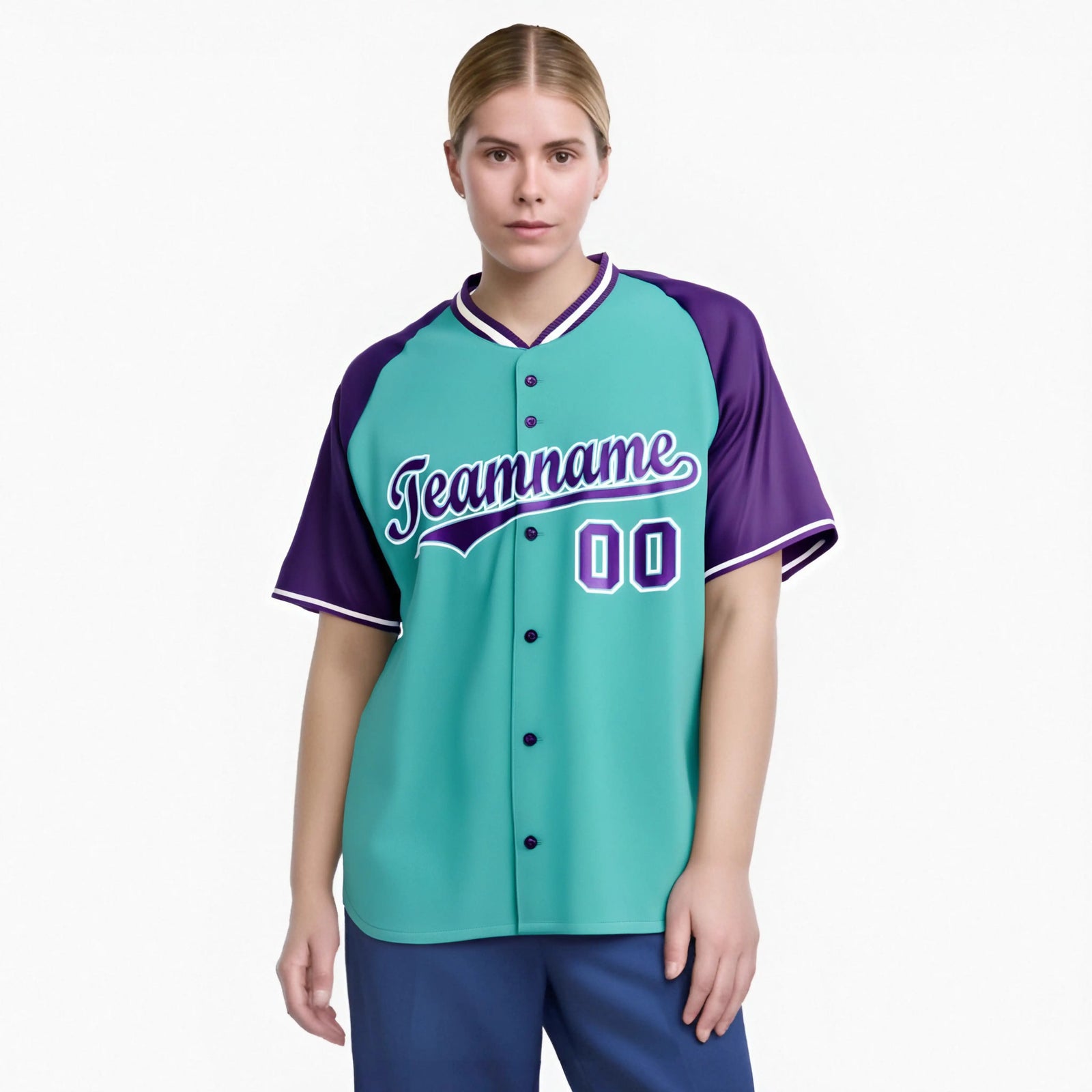 Custom Aqua Purple White Authentic Colored Buttons Baseball Jersey