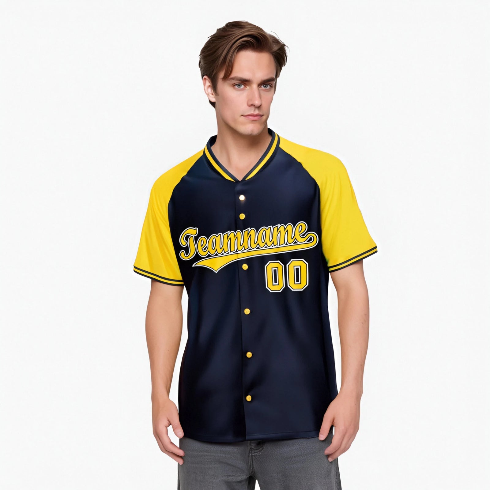 Custom Navy Yellow White Authentic Colored Buttons Baseball Jersey