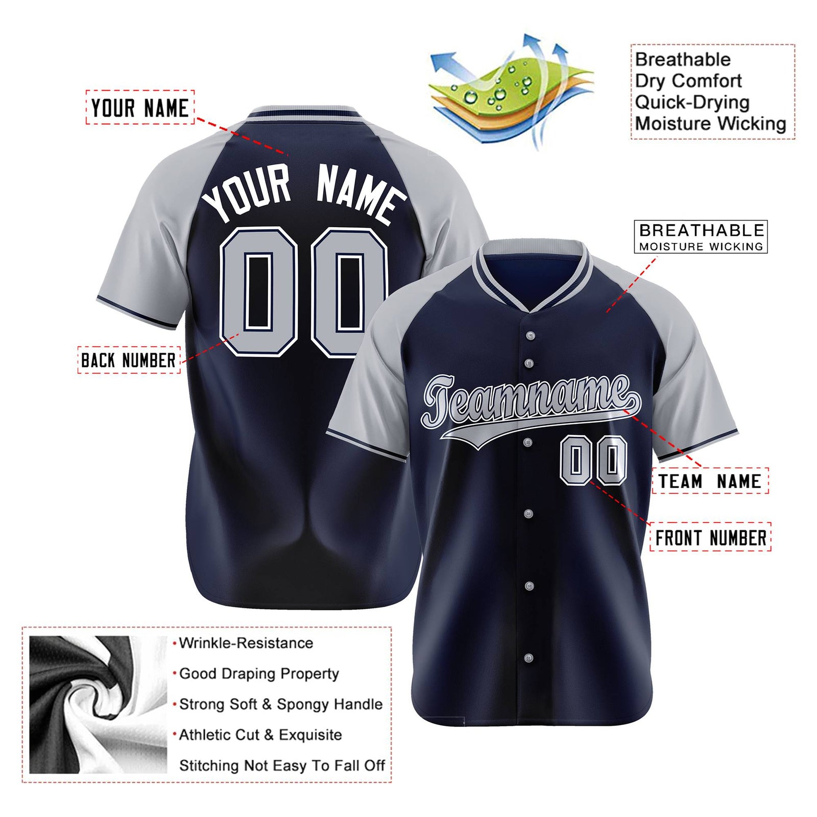 Custom Navy Gray White Authentic Colored Buttons Baseball Jersey