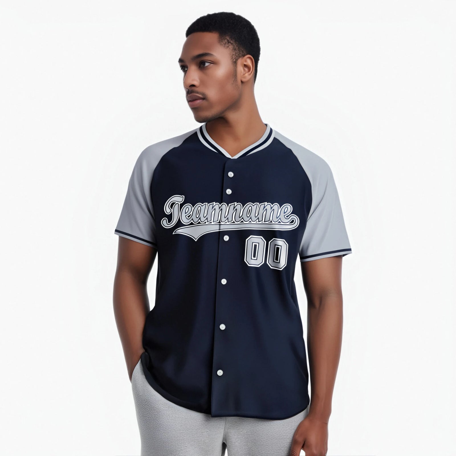 Custom Navy Gray White Authentic Colored Buttons Baseball Jersey