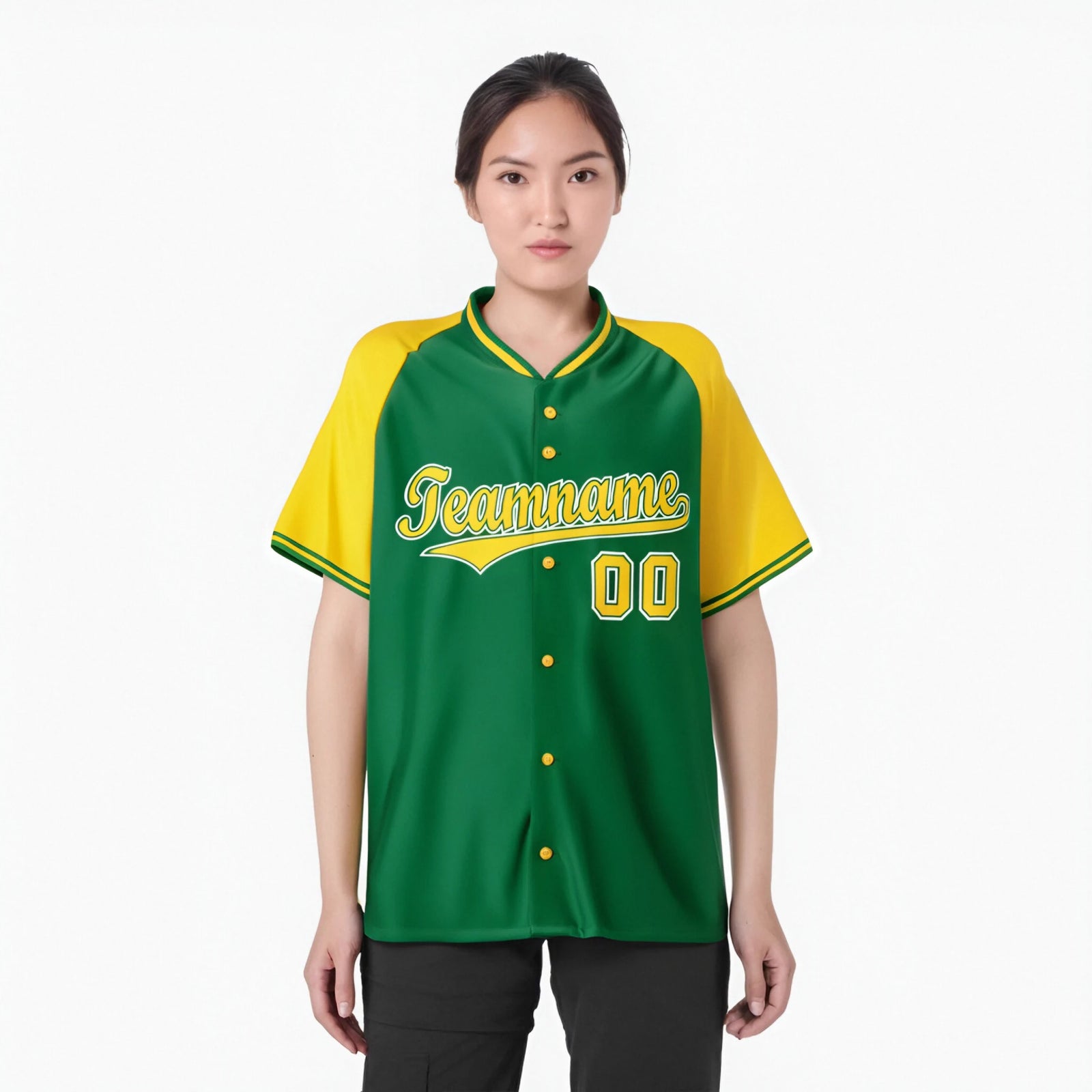Custom Kelly Green Yellow White Authentic Colored Buttons Baseball Jersey
