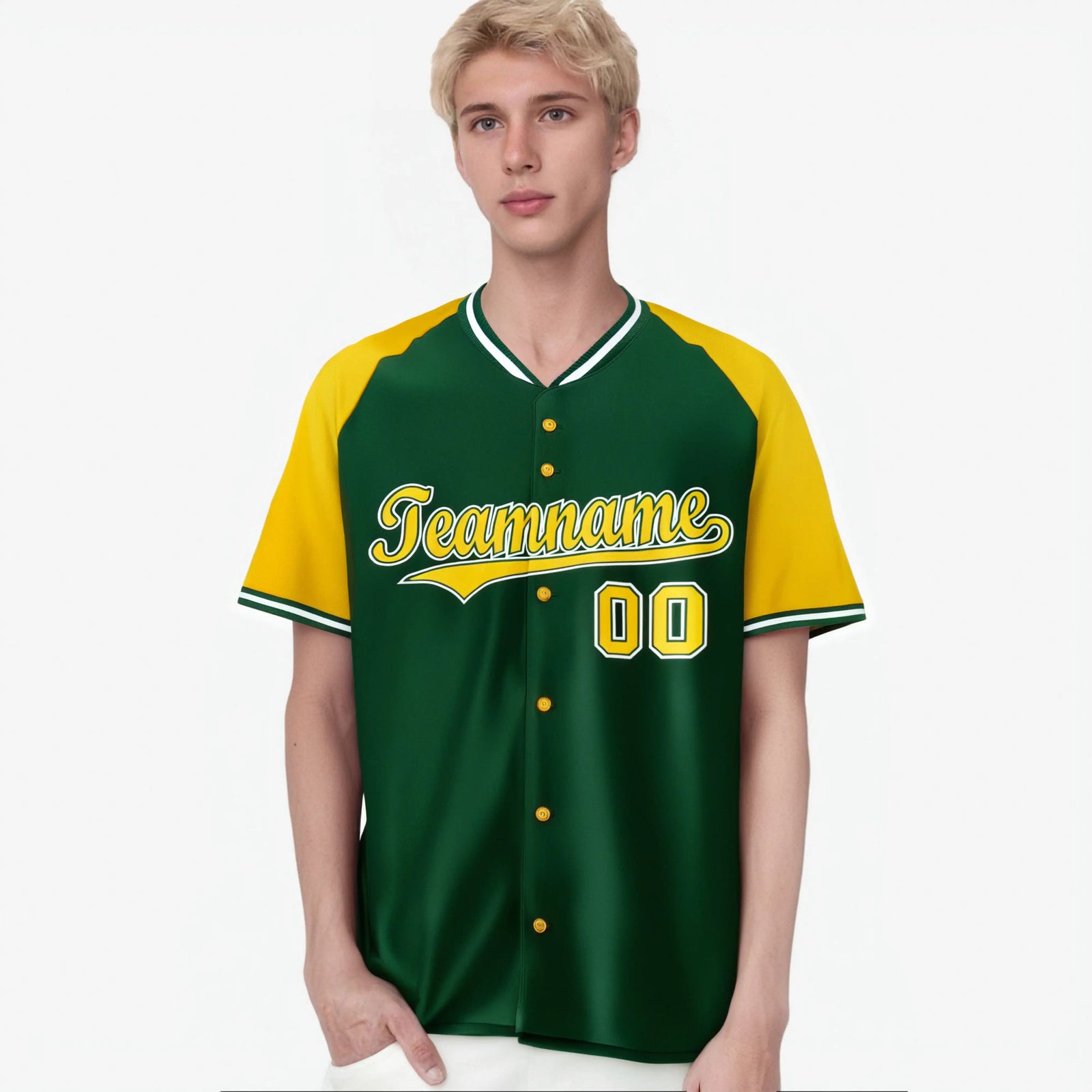 Custom Kelly Green Yellow White Authentic Colored Buttons Baseball Jersey
