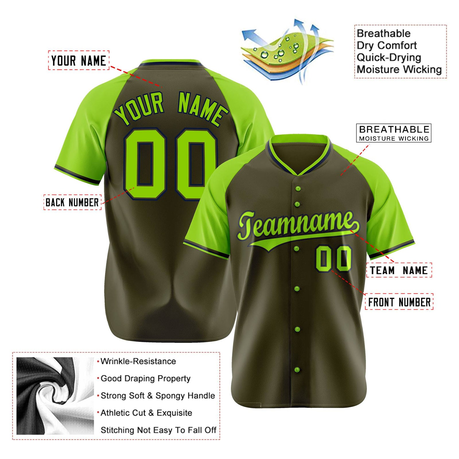 Custom Olive Neon Green Black Authentic Colored Buttons Baseball Jersey