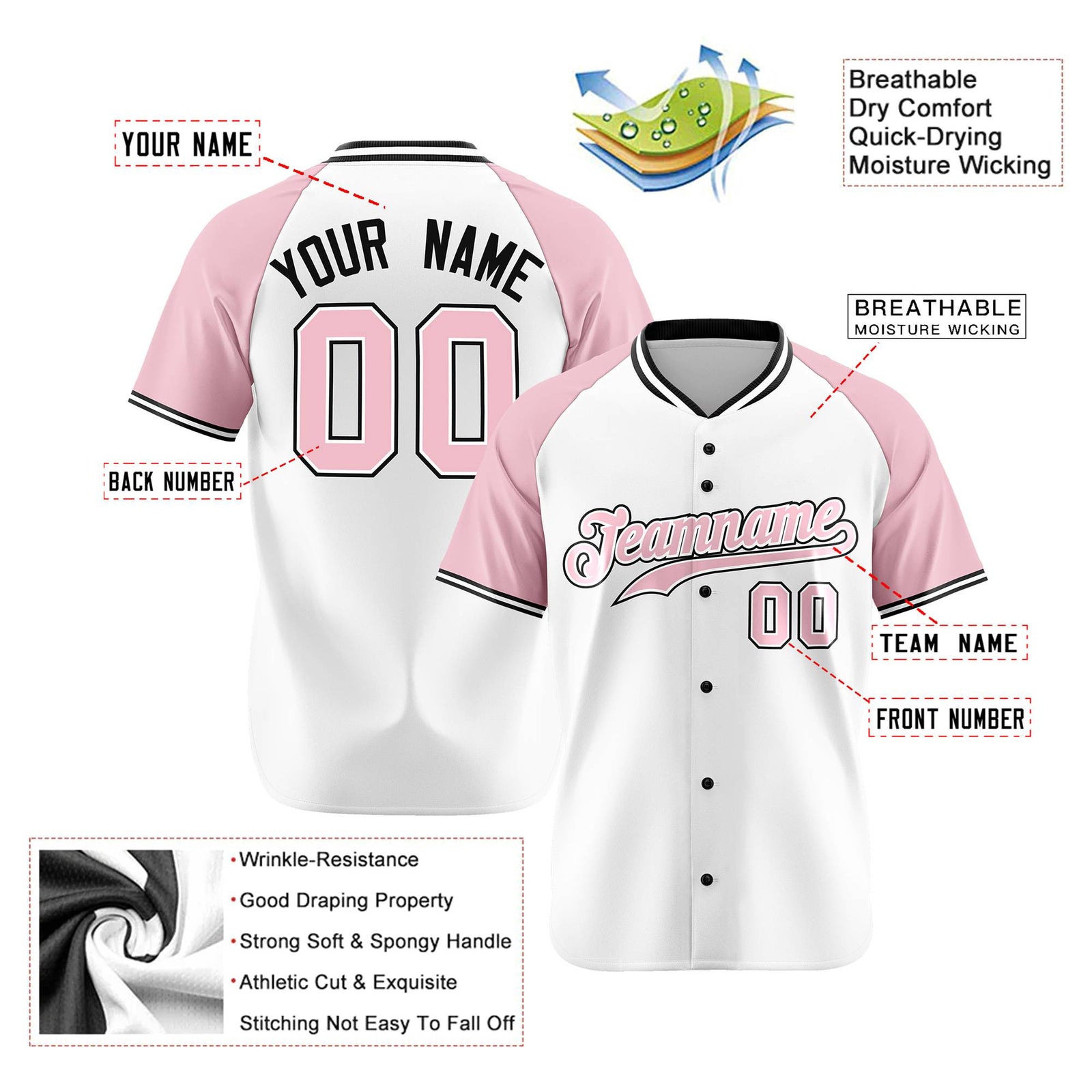 Custom White Pink Black Authentic Colored Buttons Baseball Jersey