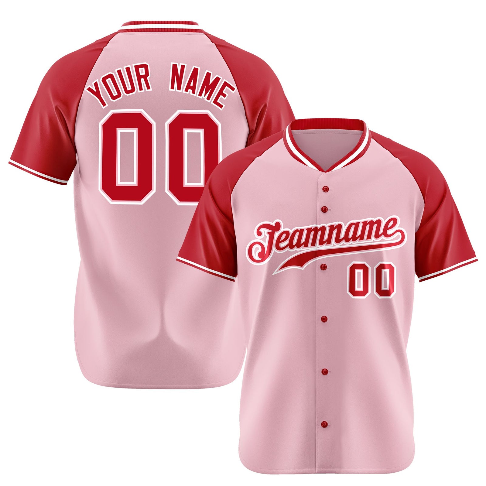 Custom Pink Red White Authentic Colored Buttons Baseball Jersey