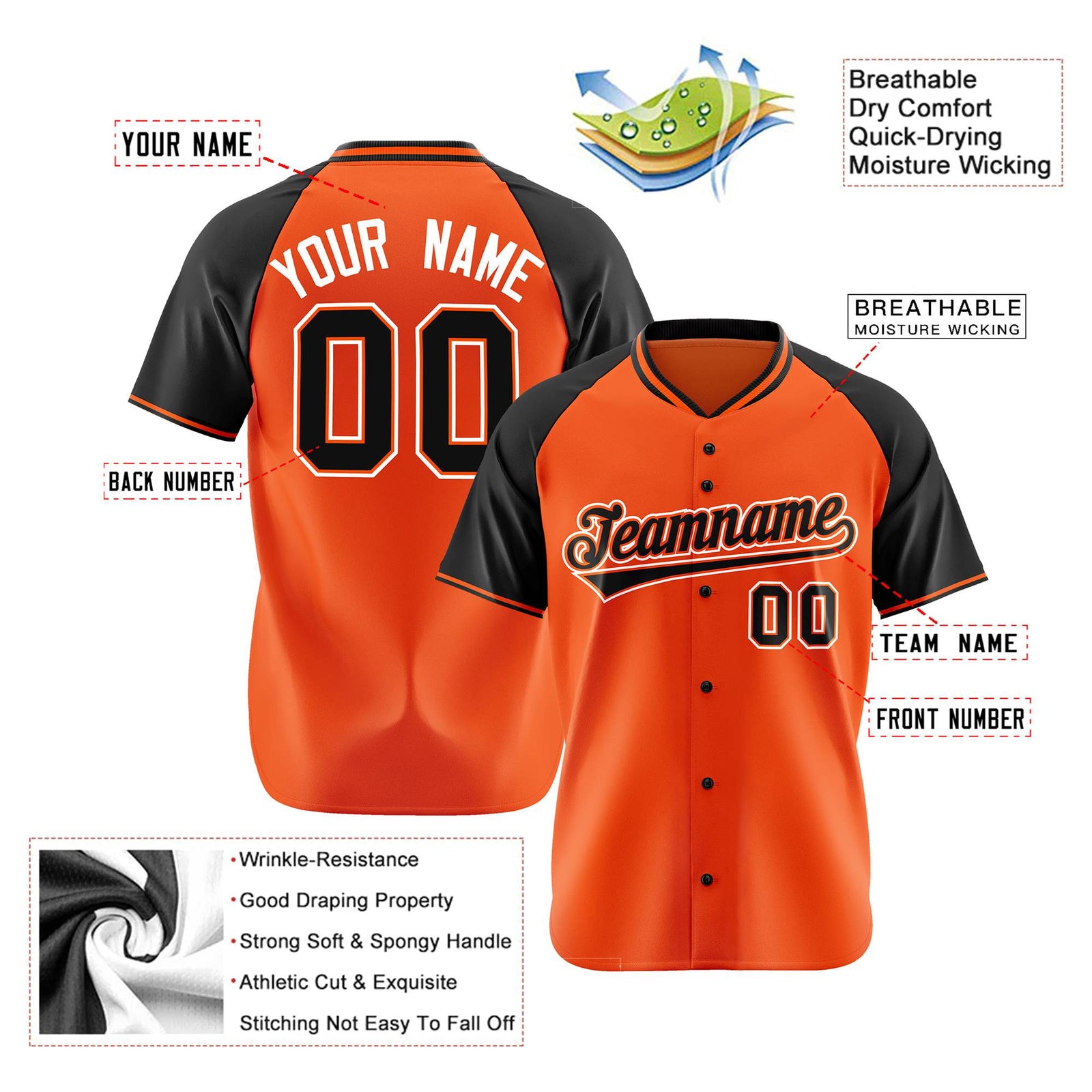 Custom Orange Black White Authentic Colored Buttons Baseball Jersey