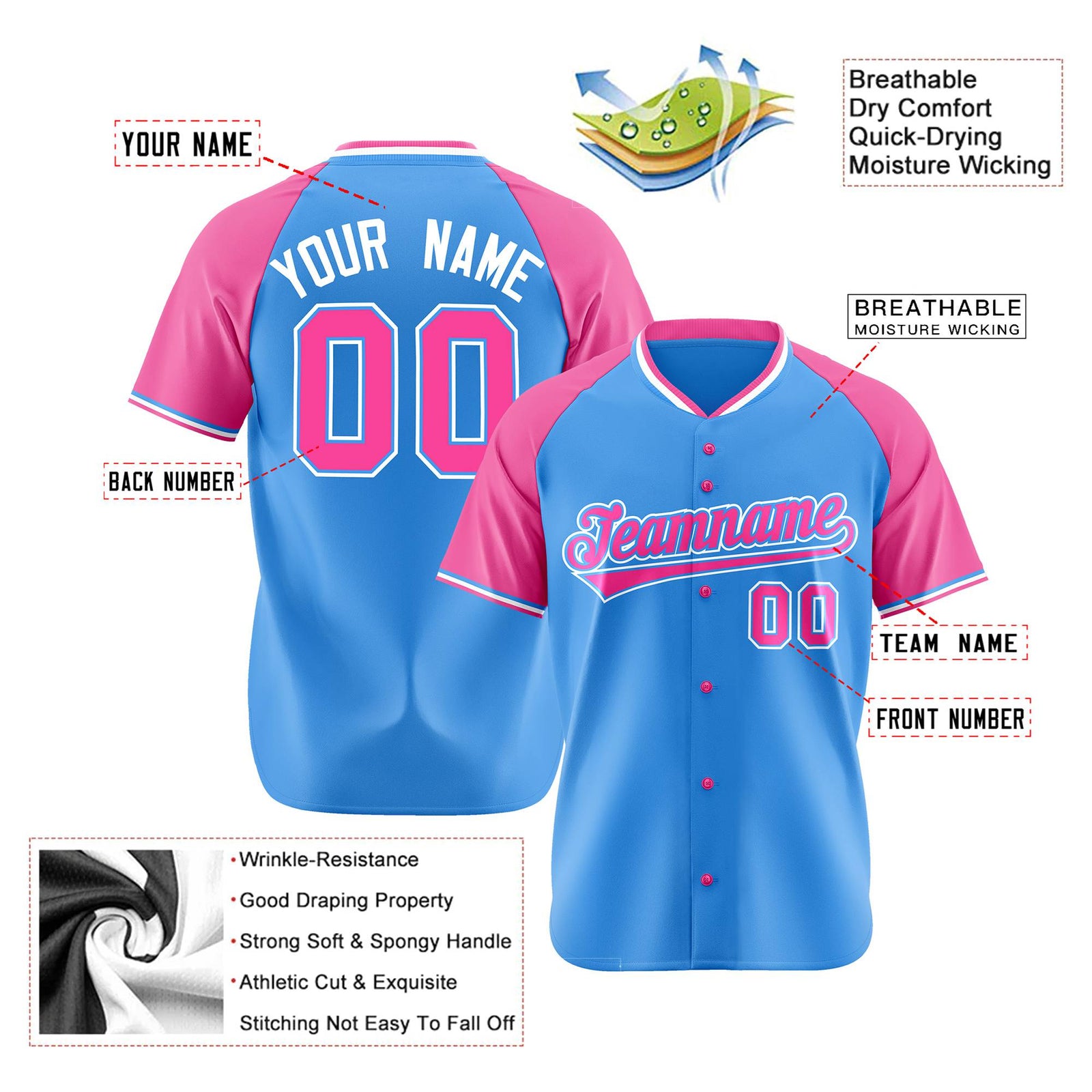 Custom Blue Pink White Authentic Colored Buttons Baseball Jersey