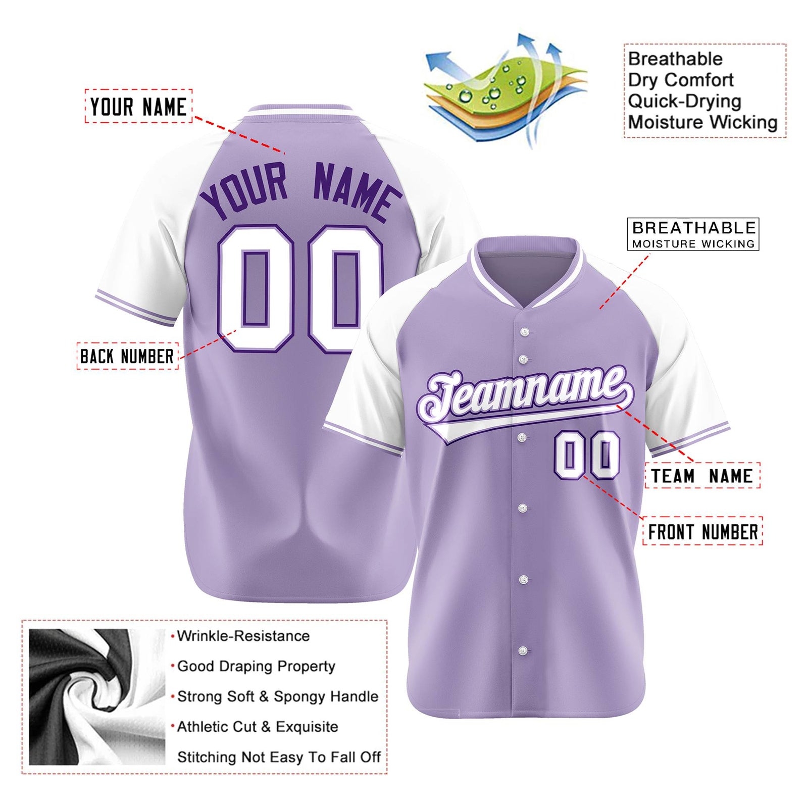 Custom Light Purple Purple White Authentic Colored Buttons Baseball Jersey