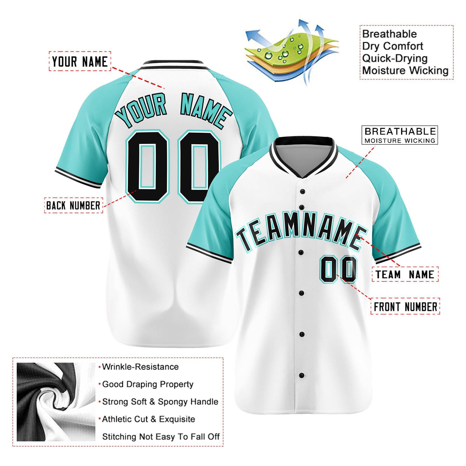 Custom White Black Light Blue Authentic Colored Buttons Baseball Jersey