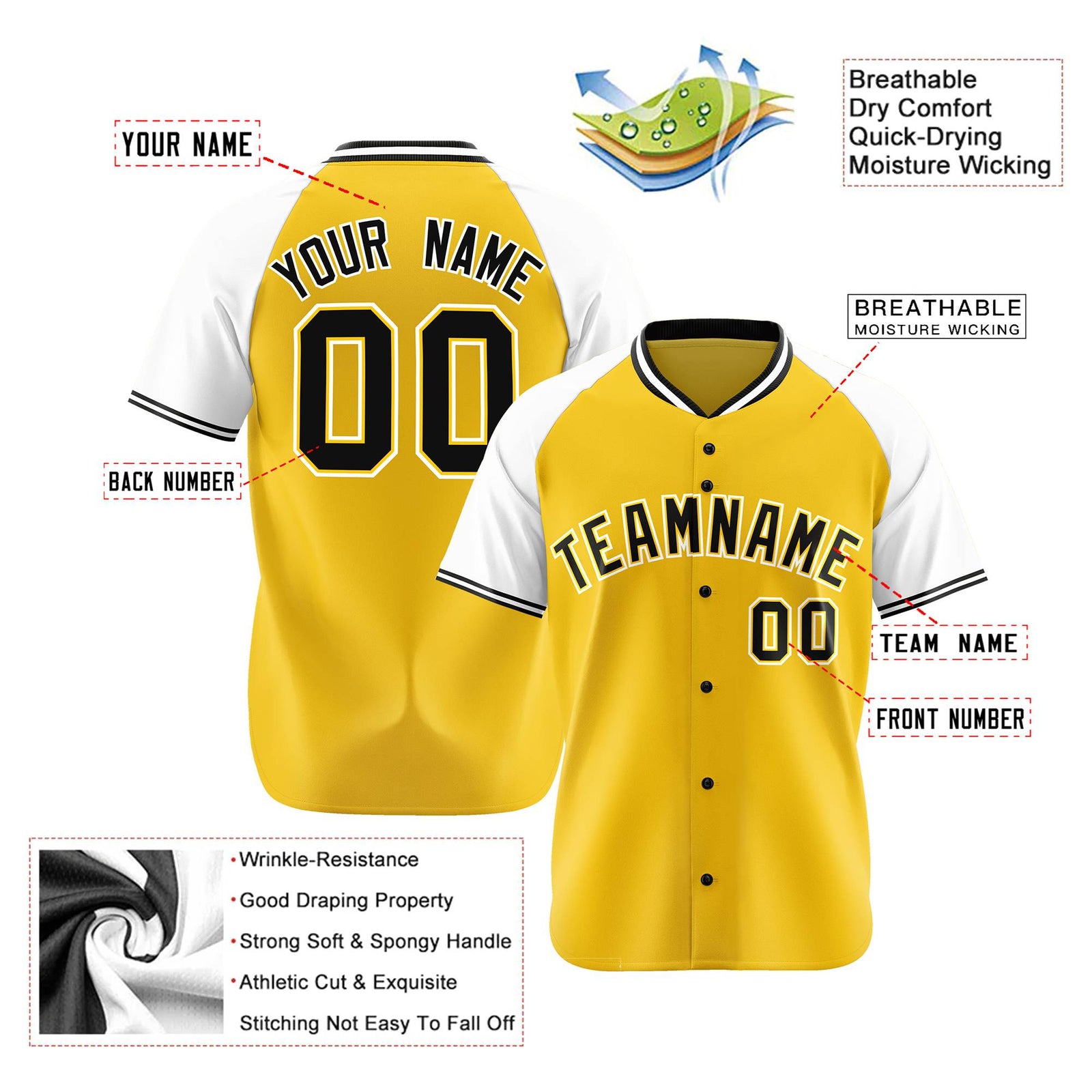 Custom Yellow White Black Authentic Colored Buttons Baseball Jersey