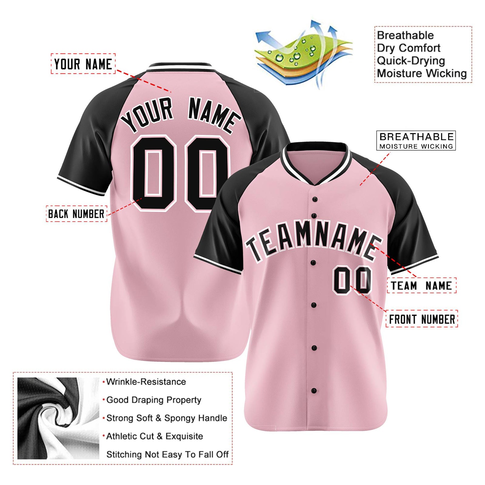 Custom Pink Black White Authentic Colored Buttons Baseball Jersey
