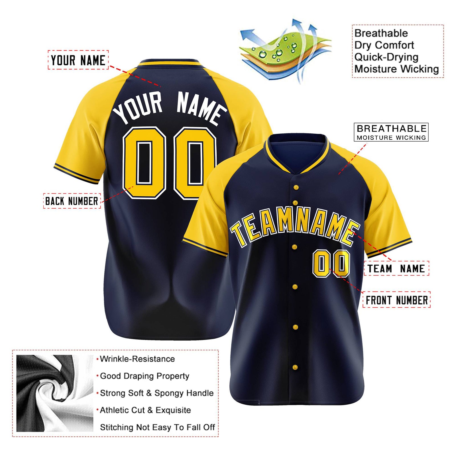 Custom Navy Yellow White Authentic Colored Buttons Baseball Jersey