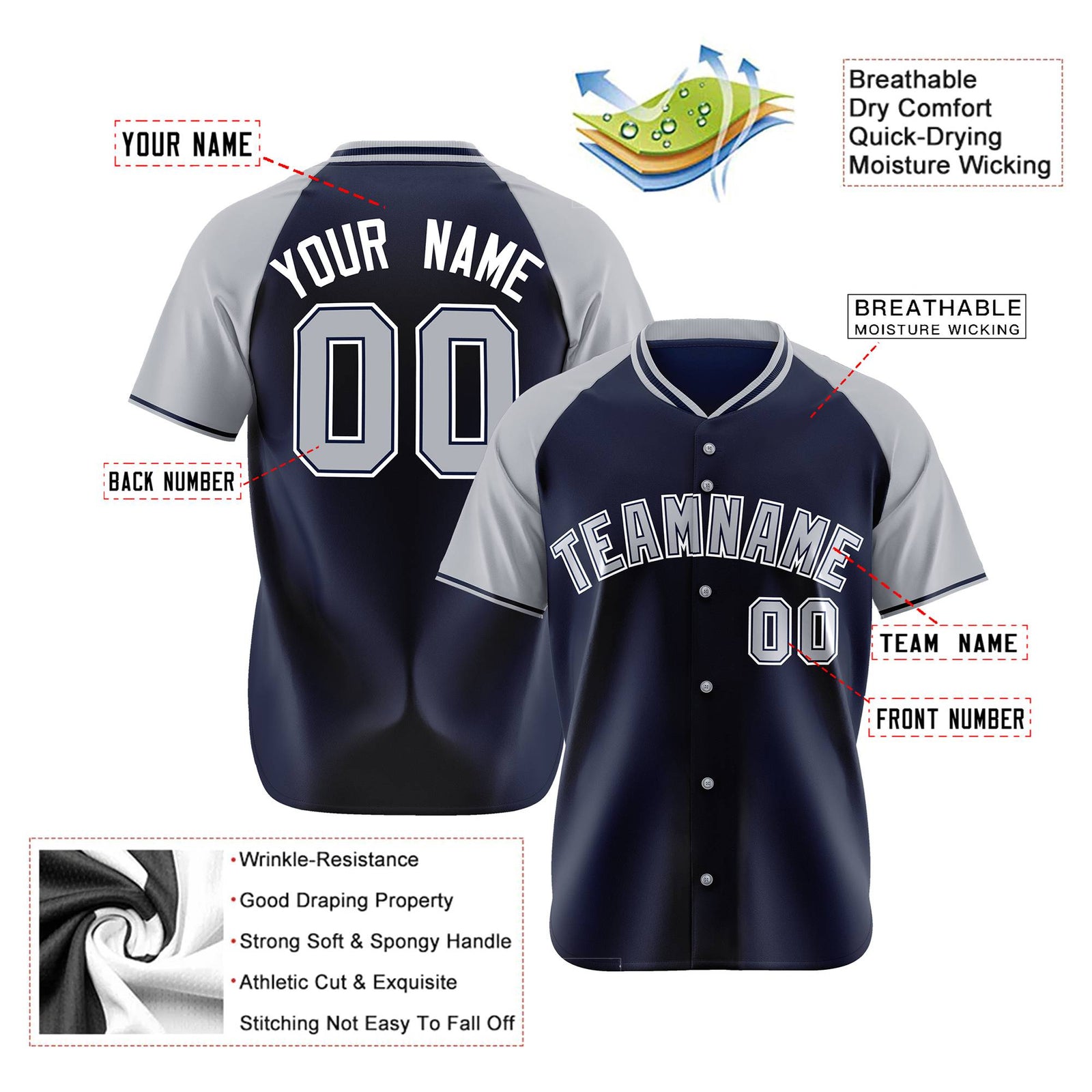 Custom Navy Gray White Authentic Colored Buttons Baseball Jersey