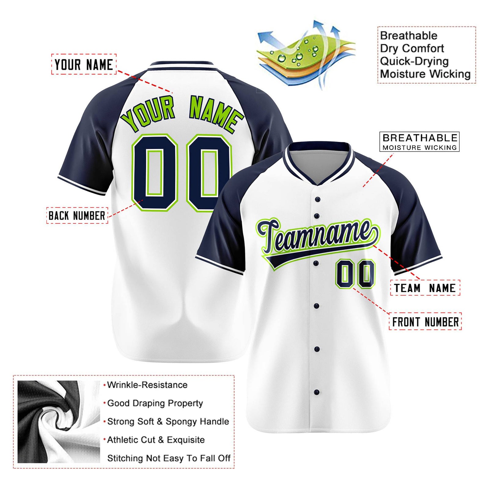 Custom White Navy Neon Green Authentic Colored Buttons Baseball Jersey