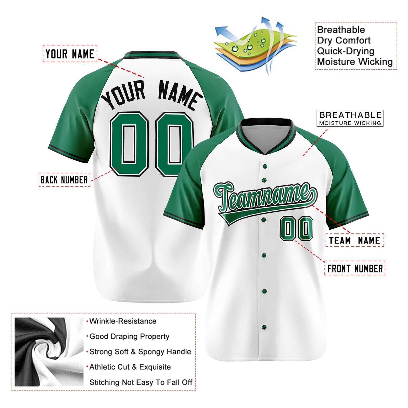 Custom White Kelly Green Black Authentic Colored Buttons Baseball Jersey