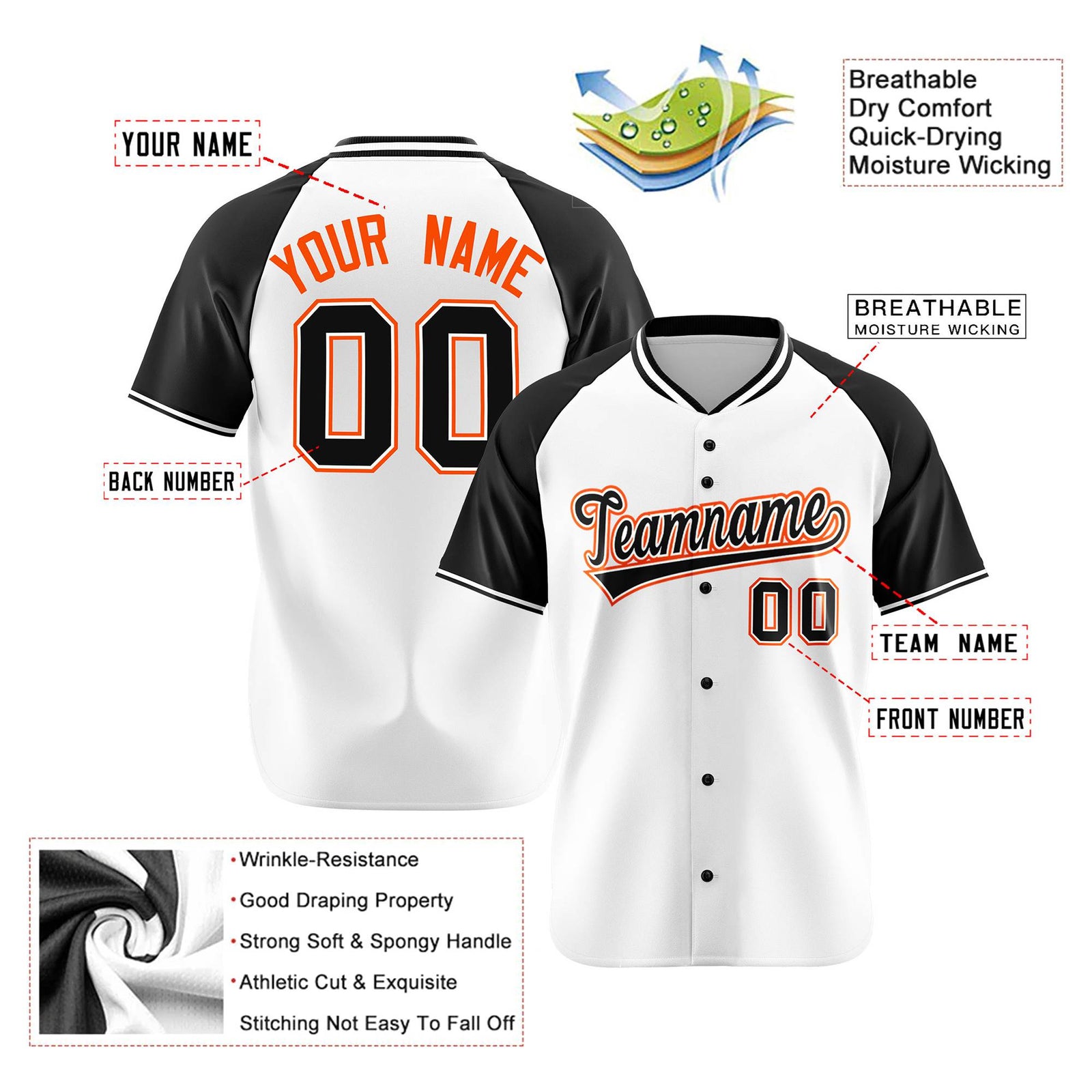 Custom White Black Orange Authentic Colored Buttons Baseball Jersey