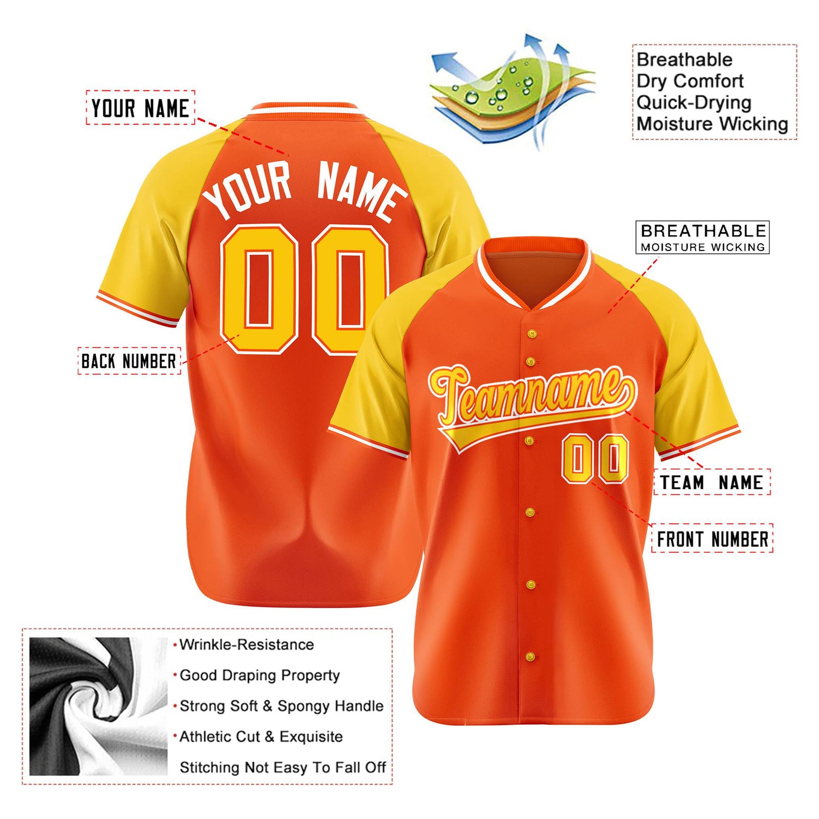 Custom Orange Yellow White Authentic Colored Buttons Baseball Jersey