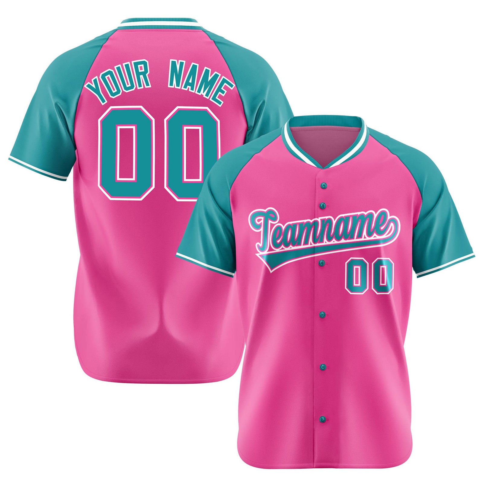 Custom Pink Aqua White Authentic Colored Buttons Baseball Jersey