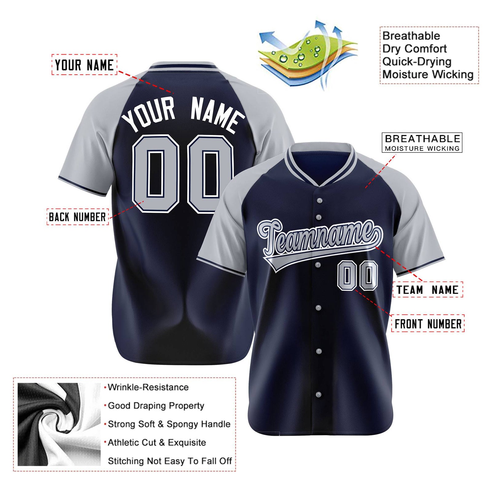 Custom Navy Gray White Authentic Colored Buttons Baseball Jersey