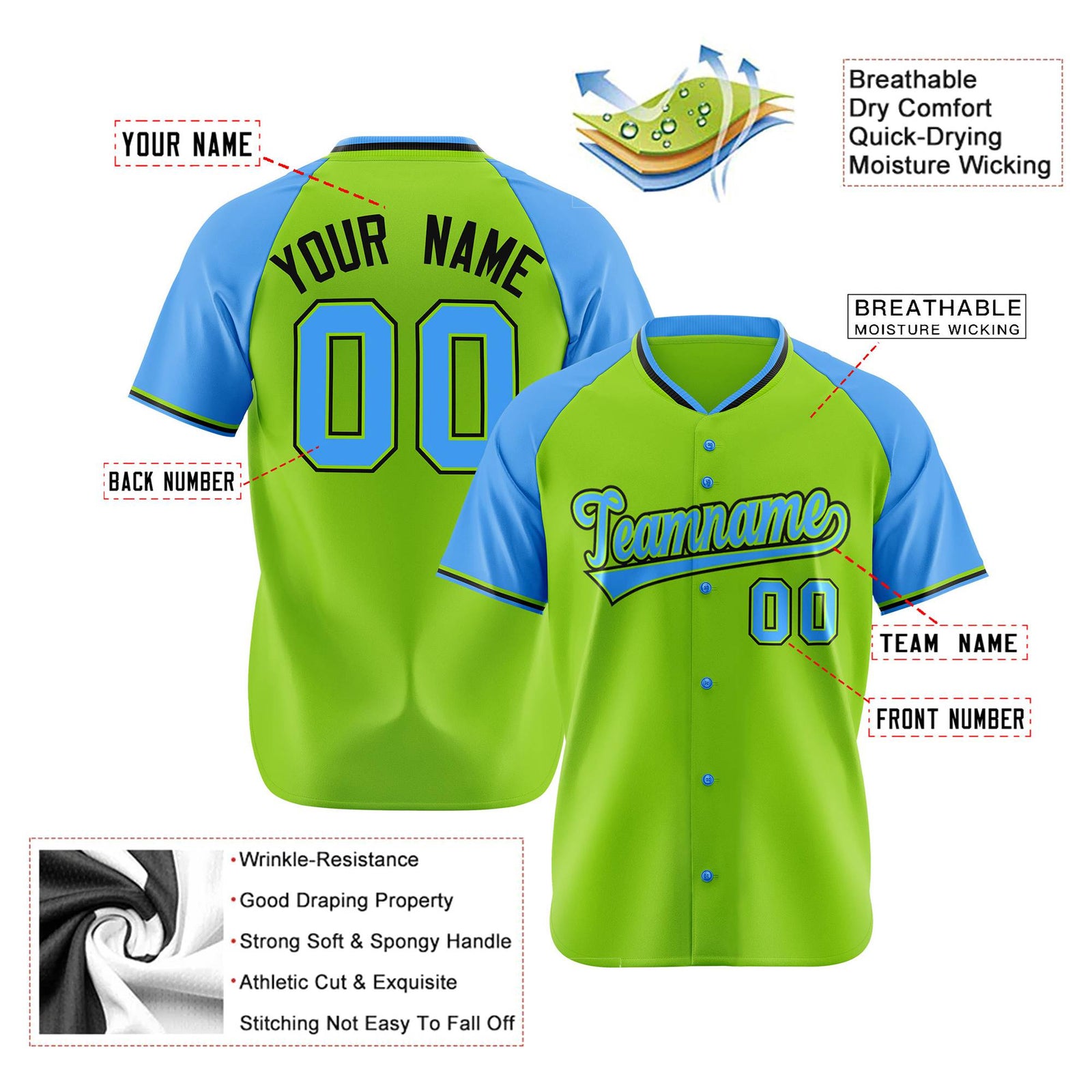 Custom Neon Green Blue Black Authentic Colored Buttons Baseball Jersey