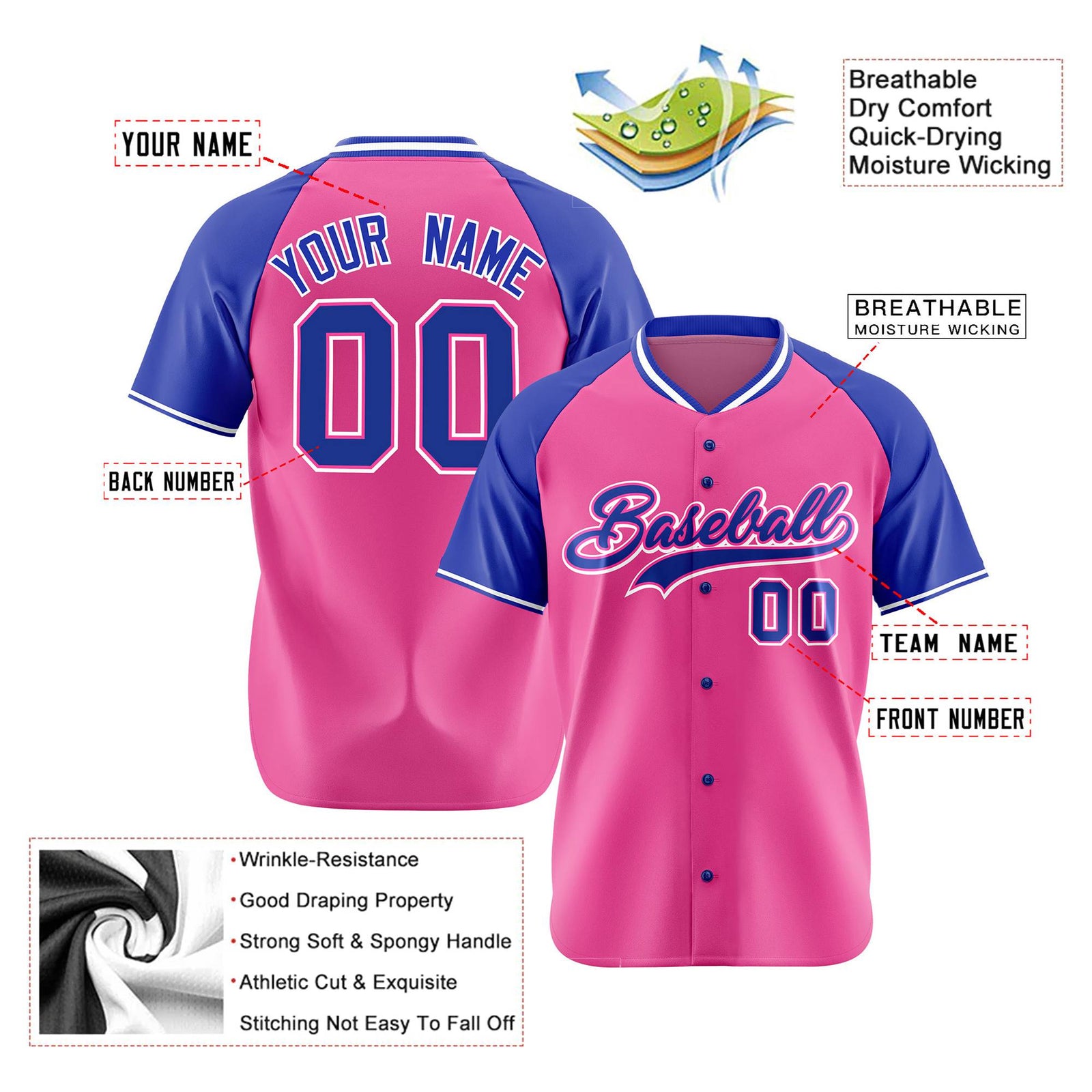 Custom Pink Purple White Authentic Colored Buttons Baseball Jersey