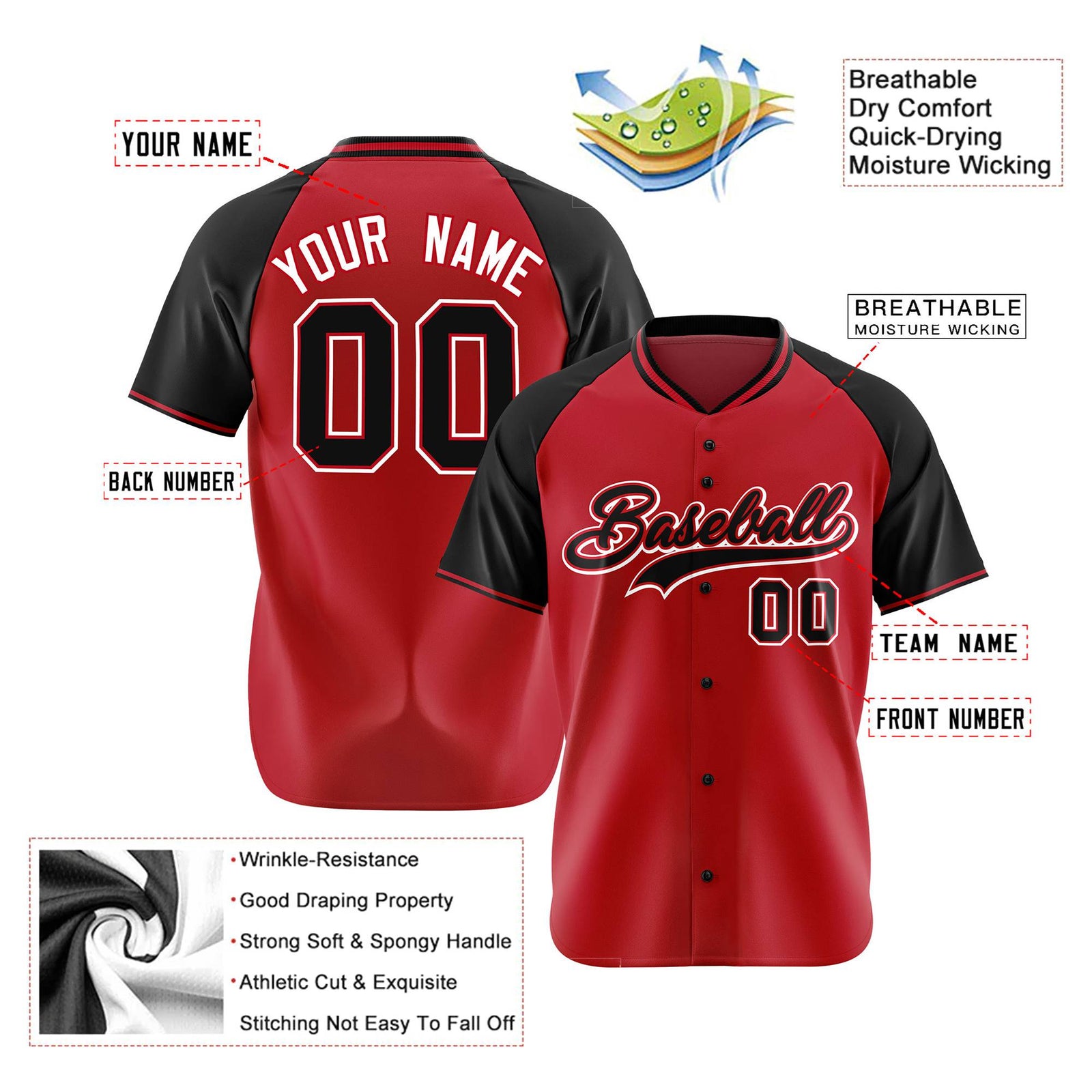 Custom Red Black White Authentic Colored Buttons Baseball Jersey