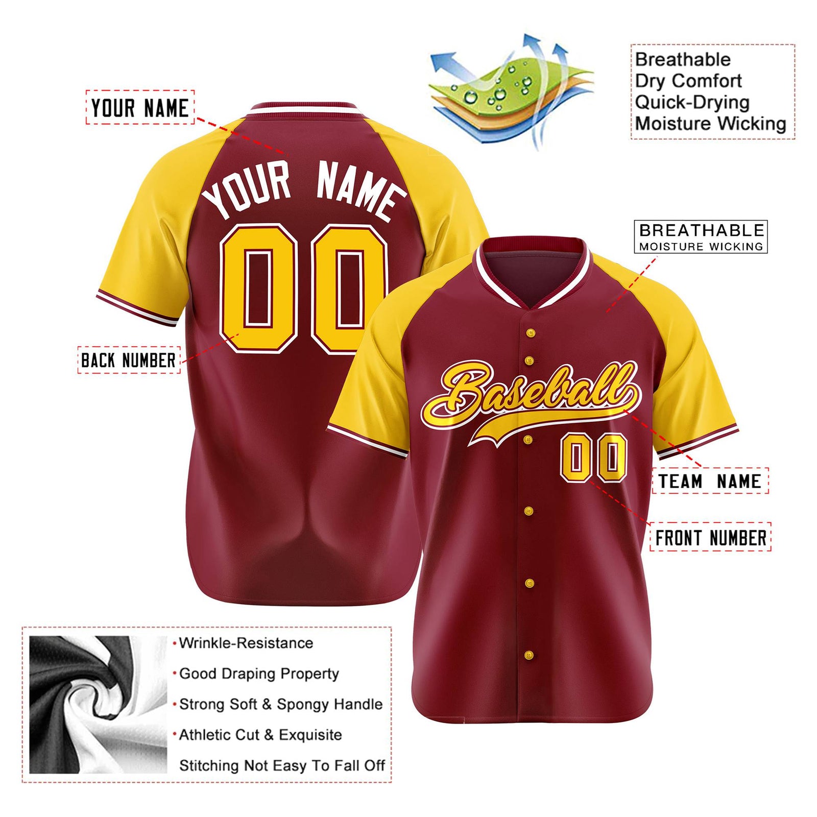 Custom Crimson Yellow White Authentic Colored Buttons Baseball Jersey