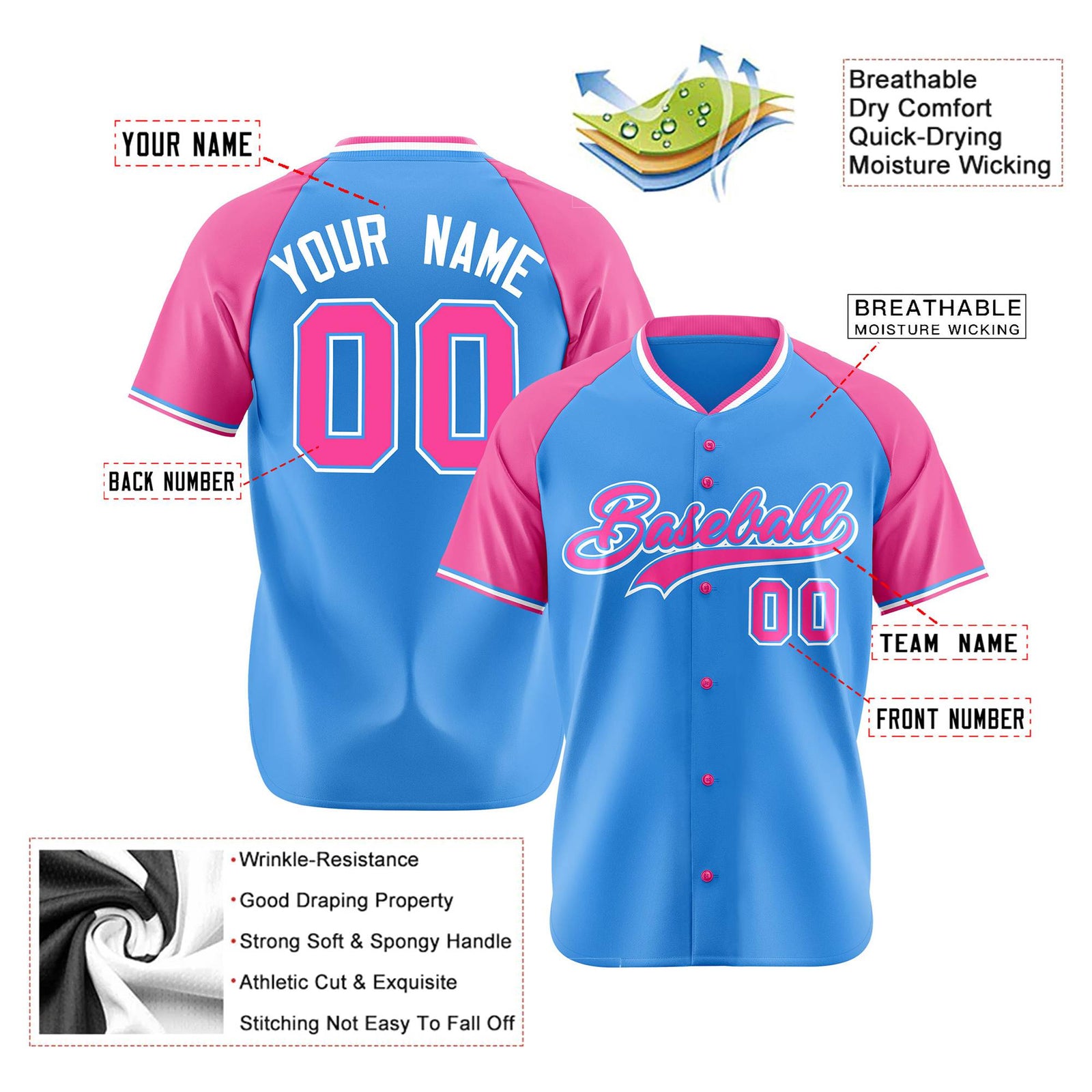 Custom Blue Pink White Authentic Colored Buttons Baseball Jersey