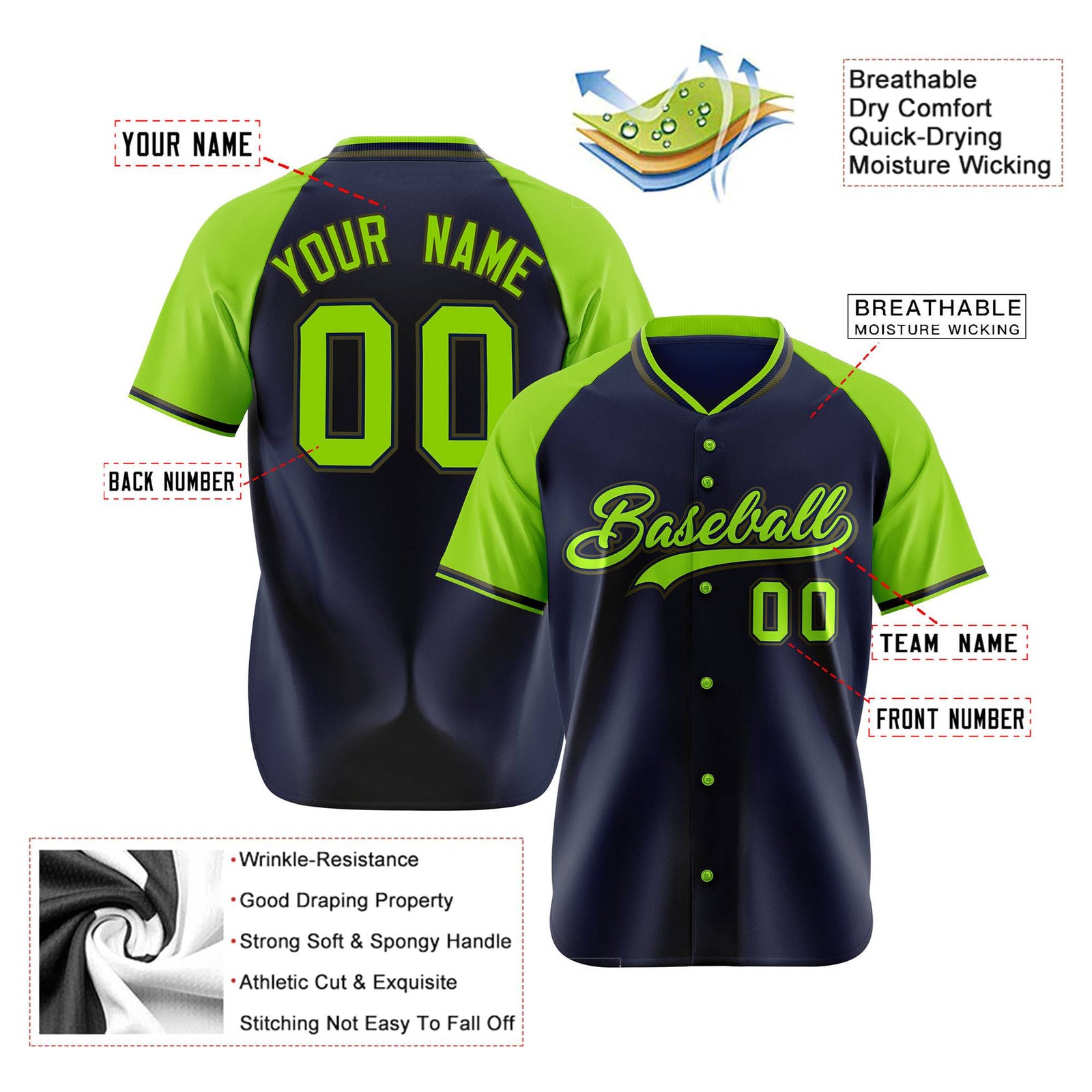 Custom Navy Neon Green Olive Authentic Colored Buttons Baseball Jersey