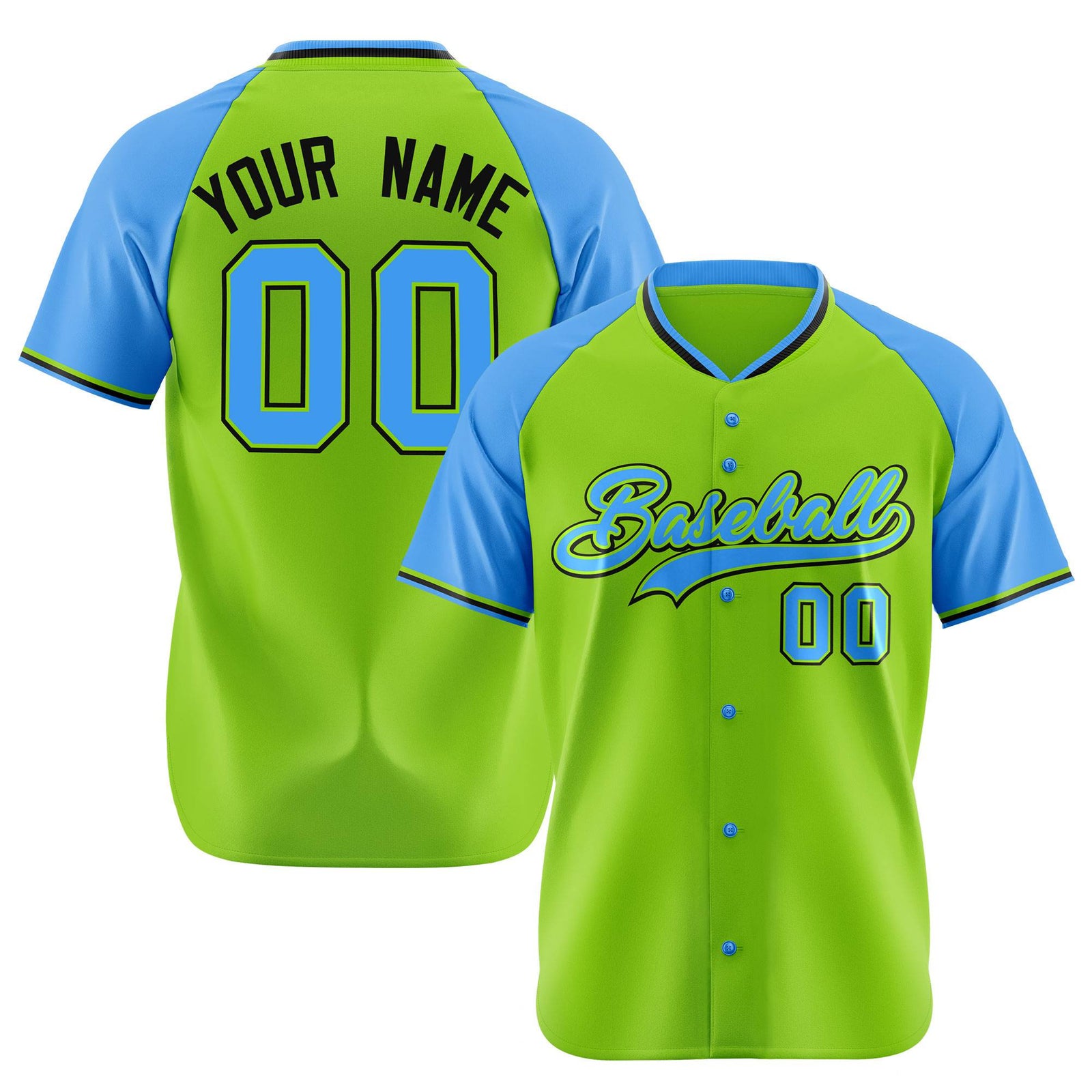 Custom Neon Green Blue Black Authentic Colored Buttons Baseball Jersey
