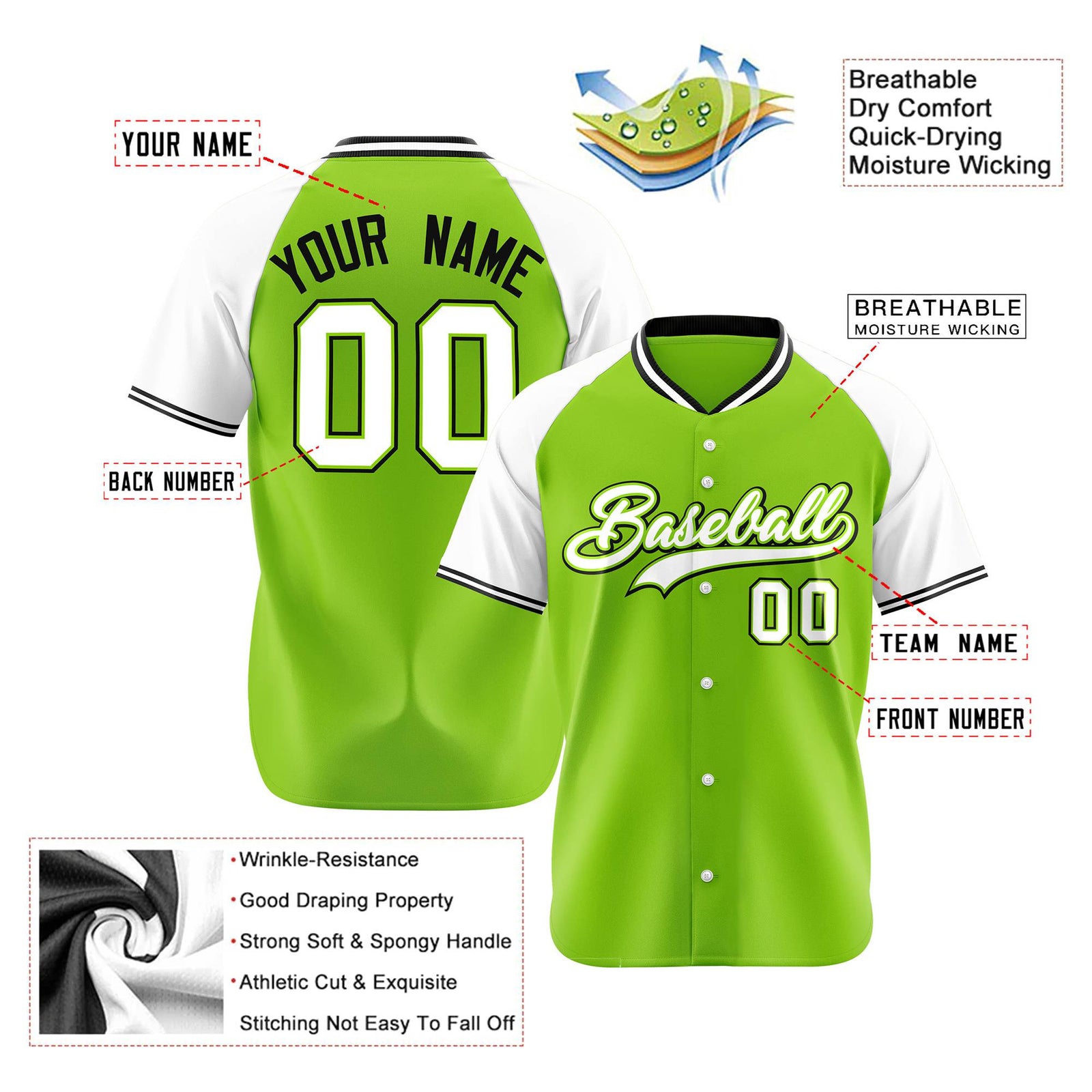Custom Neon Green White Black Authentic Colored Buttons Baseball Jersey