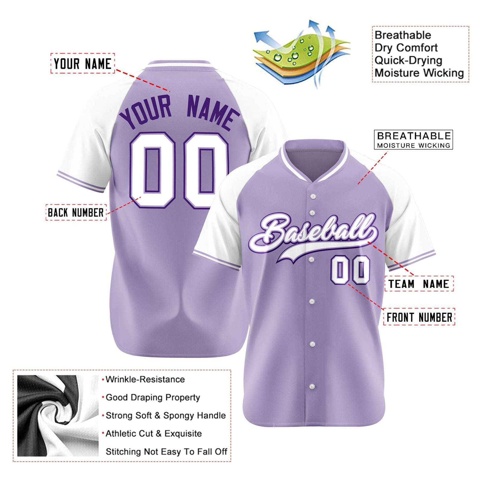 Custom Light Purple Purple White Authentic Colored Buttons Baseball Jersey