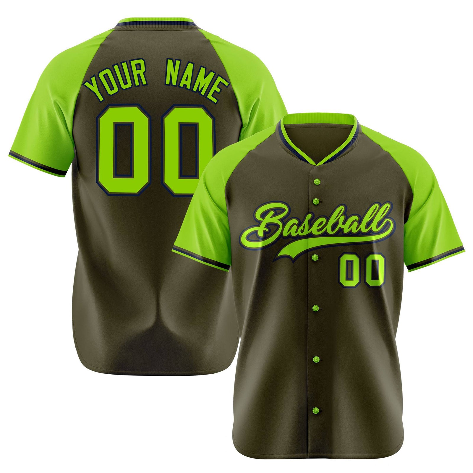 Custom Olive Neon Green Black Authentic Colored Buttons Baseball Jersey
