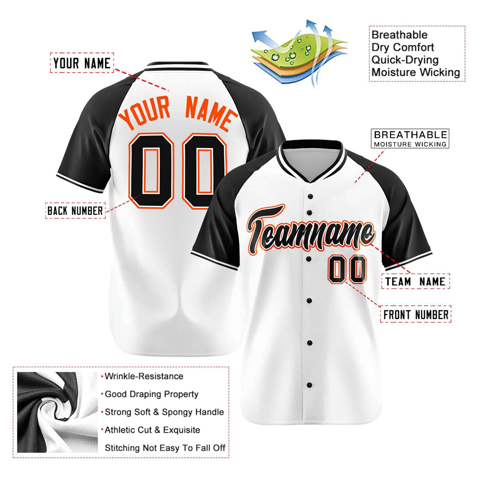 Custom White Black Orange Authentic Colored Buttons Baseball Jersey
