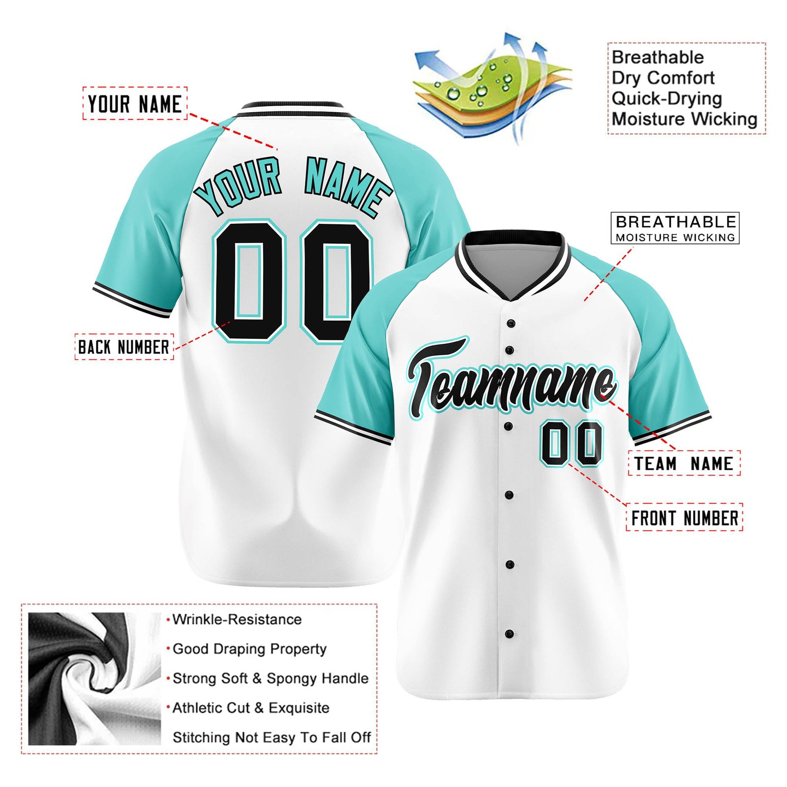 Custom White Black Light Blue Authentic Colored Buttons Baseball Jersey