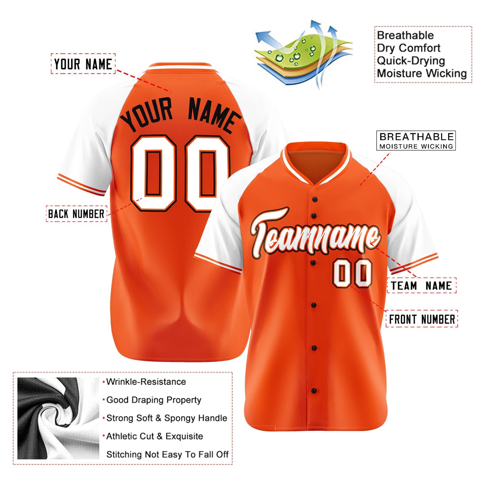 Custom Orange White Black Authentic Colored Buttons Baseball Jersey