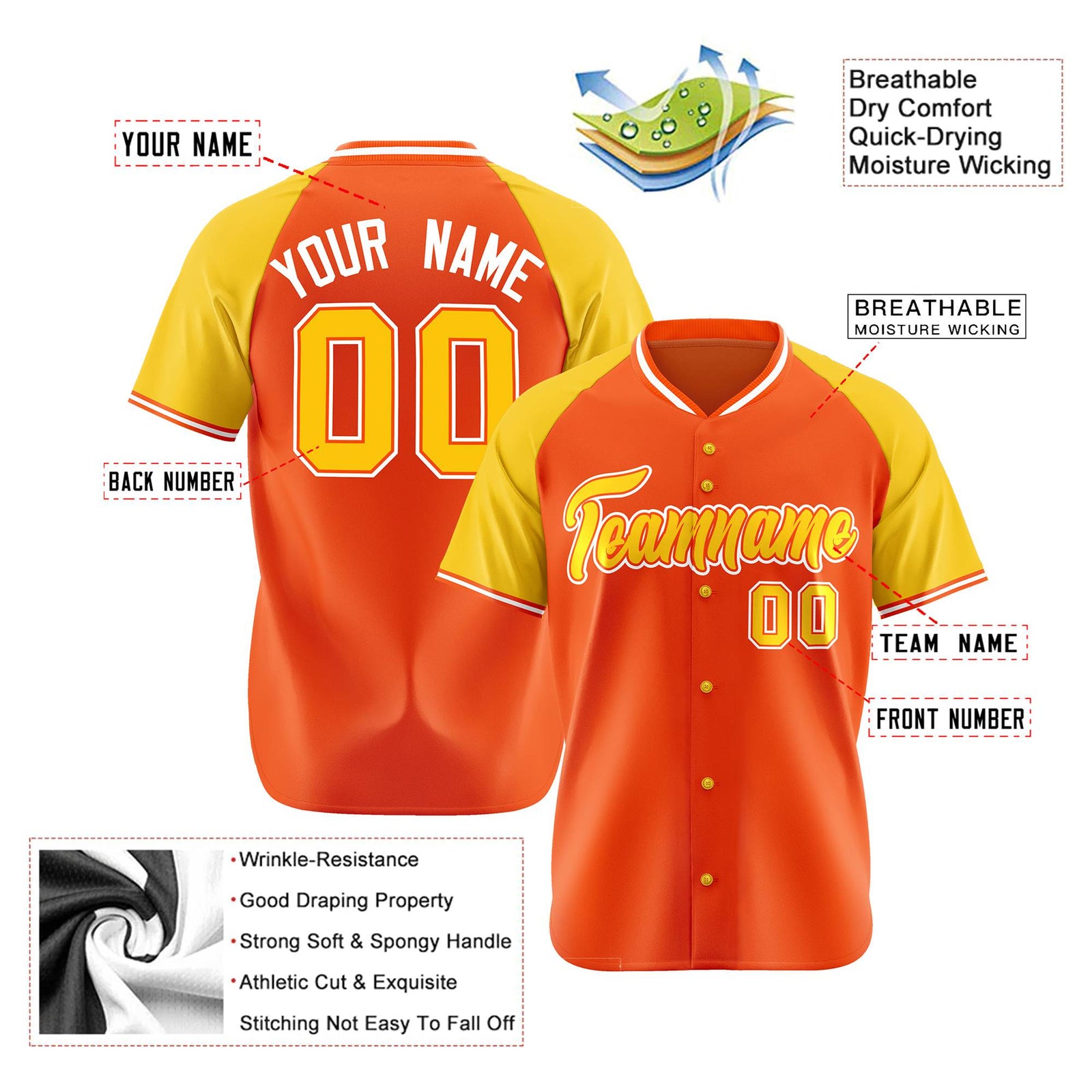 Custom Orange Yellow White Authentic Colored Buttons Baseball Jersey