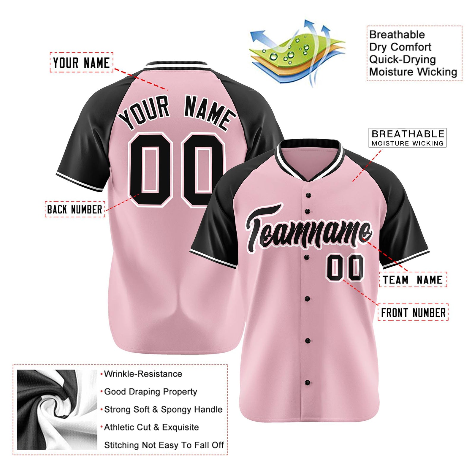 Custom Pink Black White Authentic Colored Buttons Baseball Jersey