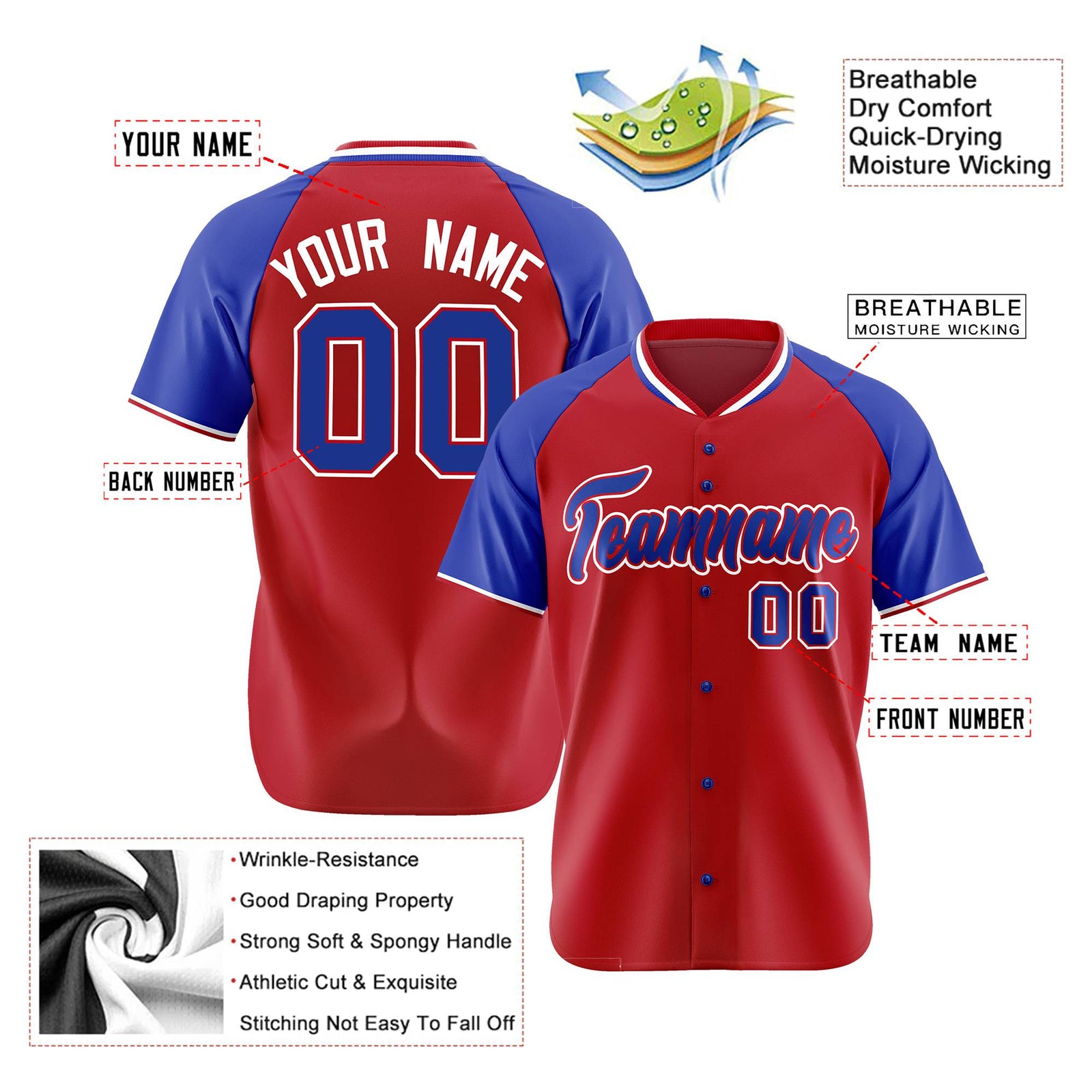 Custom Red Blue White Authentic Colored Buttons Baseball Jersey