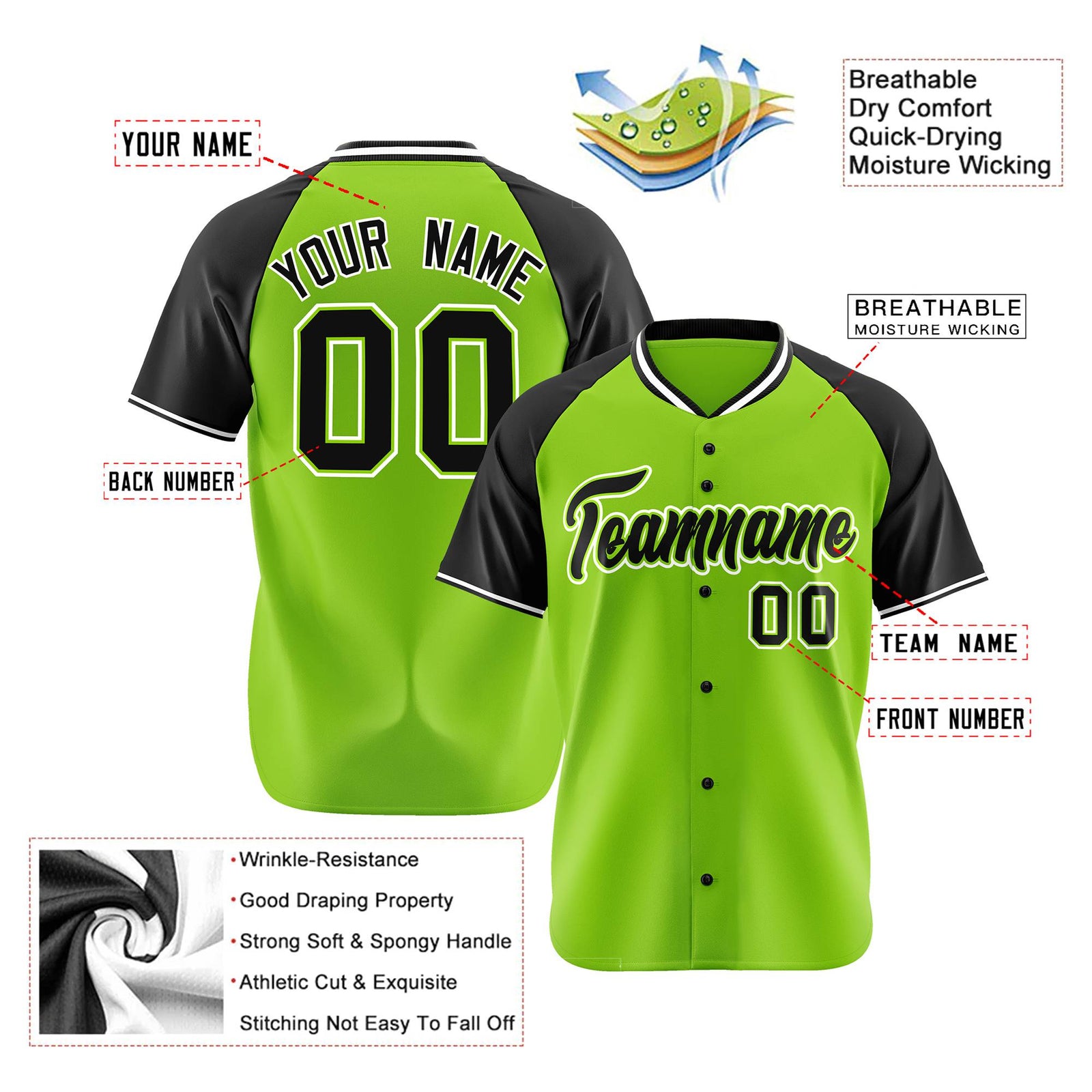 Custom Neon Green Black White Authentic Colored Buttons Baseball Jersey