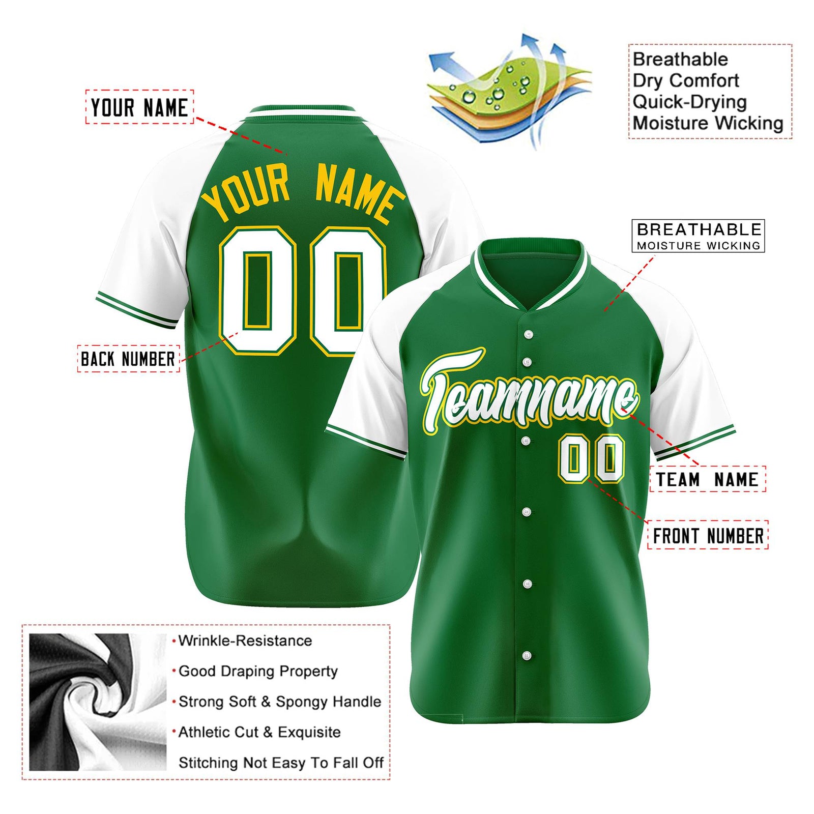Custom Kelly Green White Yellow Authentic Colored Buttons Baseball Jersey