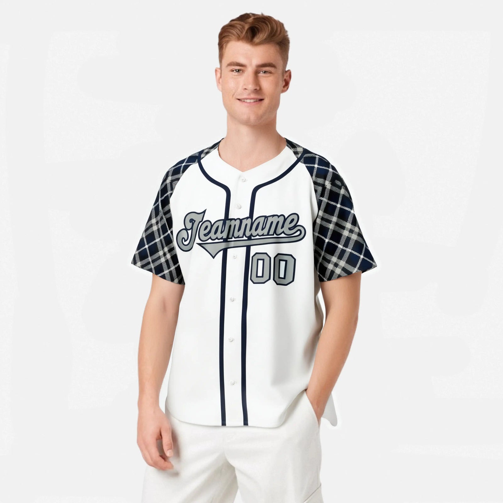 Custom White Gray-Navy Authentic Plaid sleeve Baseball Jersey