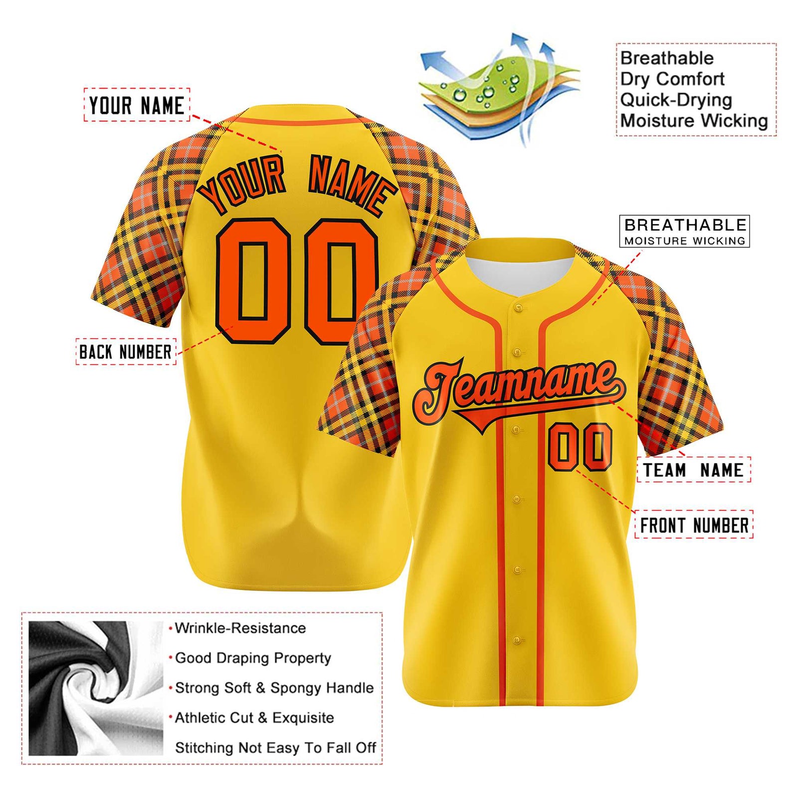 Custom Yellow Orange-Black Authentic Plaid sleeve Baseball Jersey