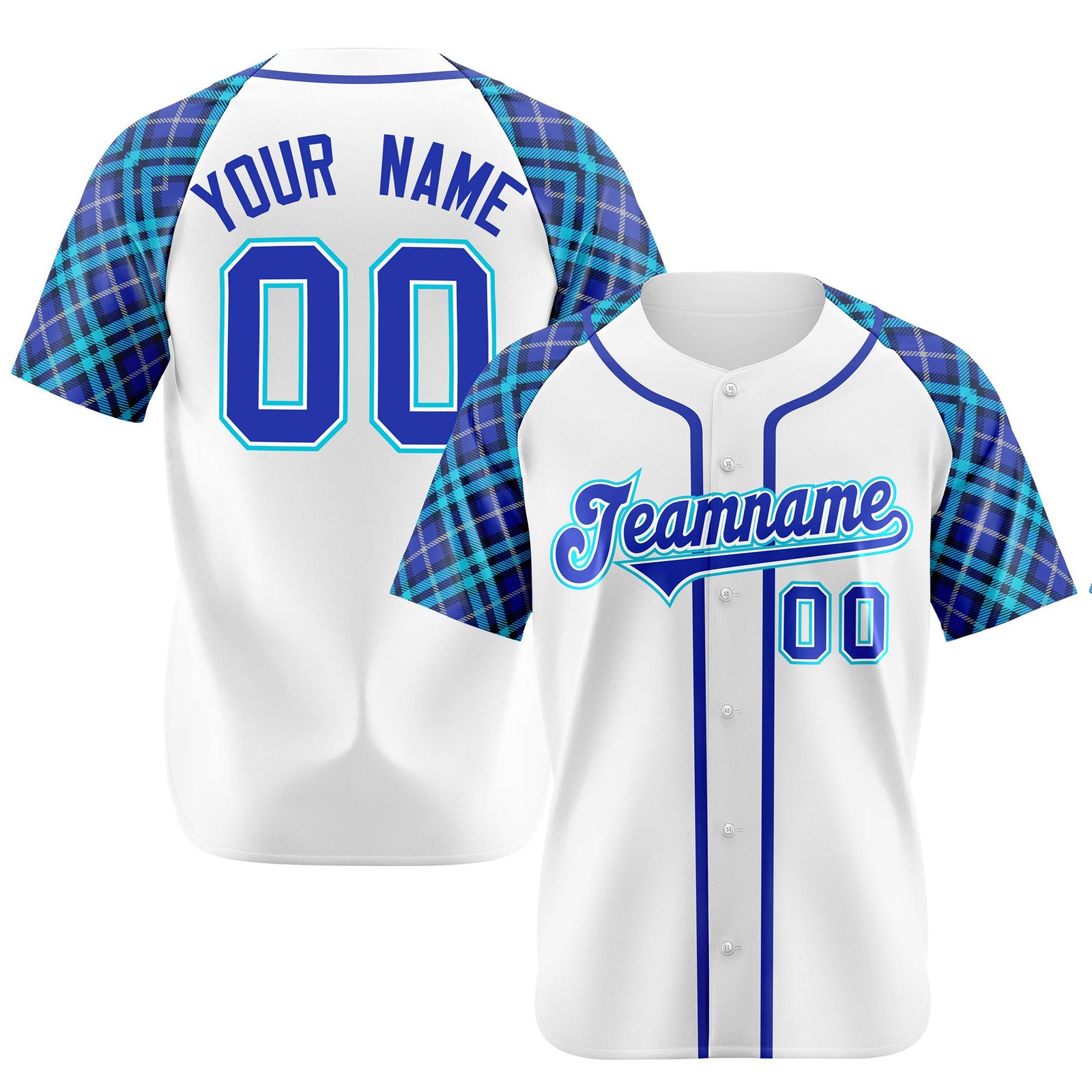 Custom White Purple Light Bule Authentic Plaid sleeve Baseball Jersey