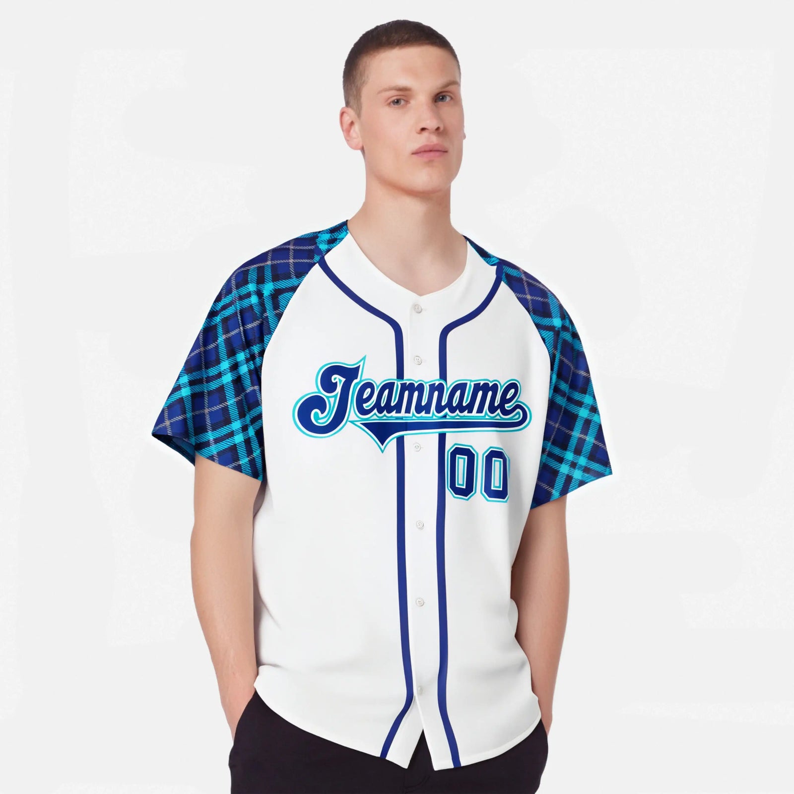 Custom White Purple Light Bule Authentic Plaid sleeve Baseball Jersey